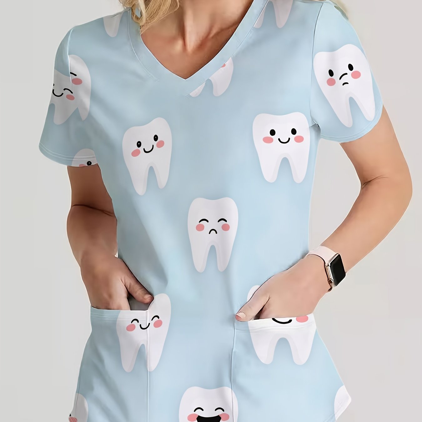 TEMU Stylish V-neck Short-sleeve Work Uniform For Women, Featuring A And Vibrant Printed Design With Cute Tooth On A . Made From Machine-washable