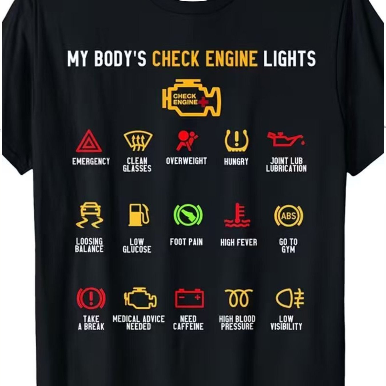 TEMU [printed Design - Not Textured] 's Check Engine - A Unique T-shirt Featuring Car-related Warning Icons And Humorous Descriptions, With An Yellow