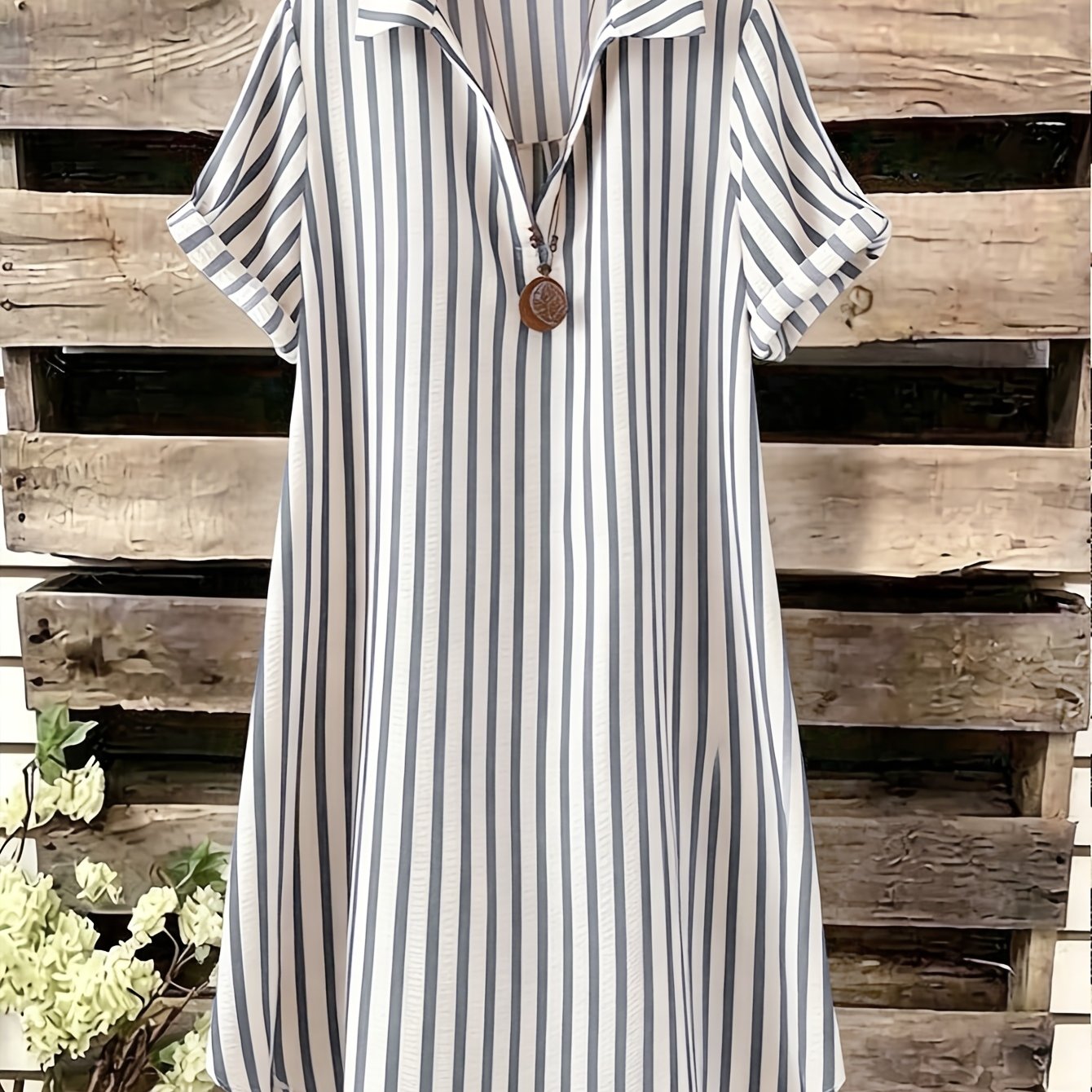 TEMU -neck Striped Loose Casual Women's Long Button Dress