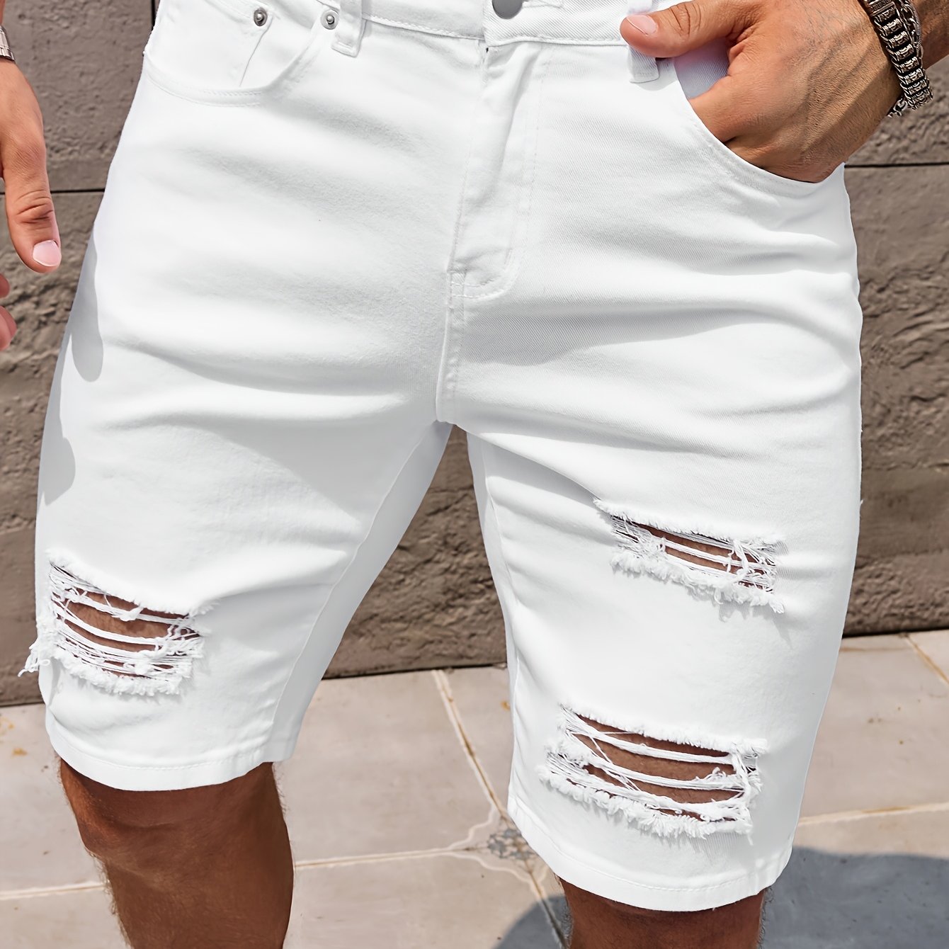 Image of Men's Distressed Denim Shorts With Knee-ripped - Non-stretch Short Length Casual Summer Shorts Suitable For Men