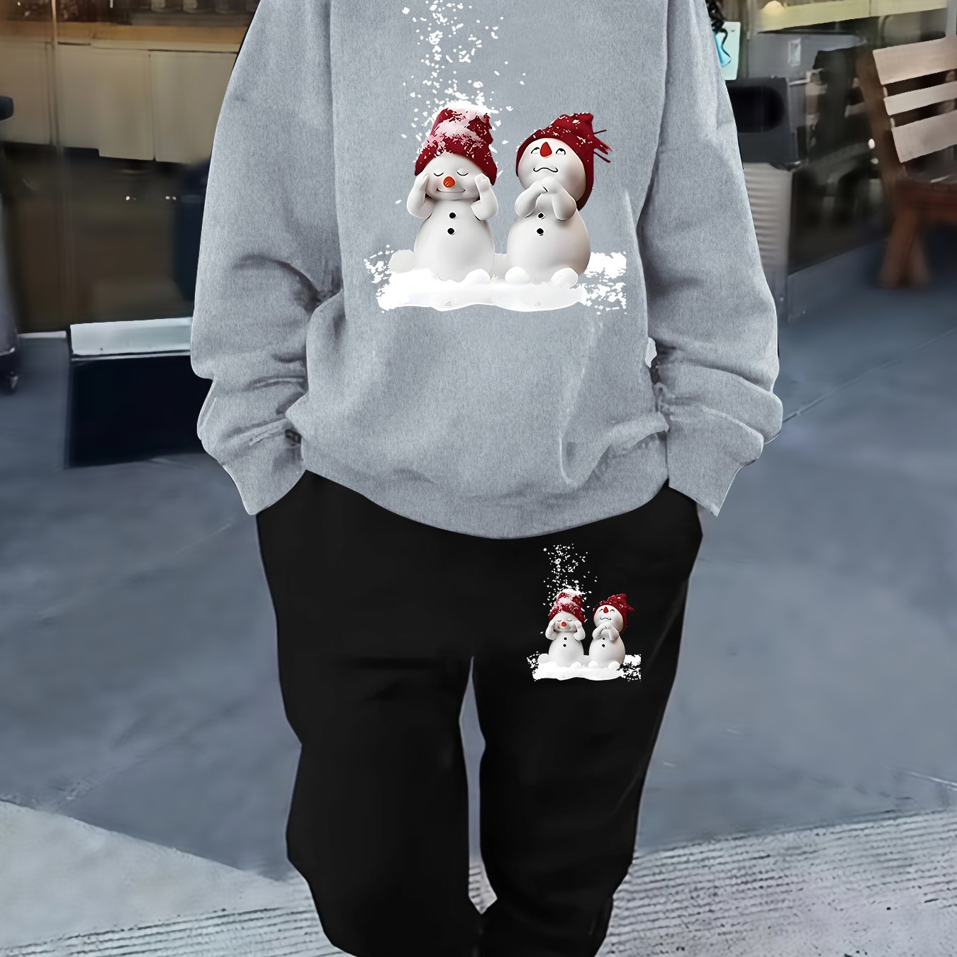 TEMU A Festive Themed Two-piece Set For Autumn And Winter Featuring A Christmas Snowman Print, With A Round Neck Long Sleeve Sweatshirt And Elastic