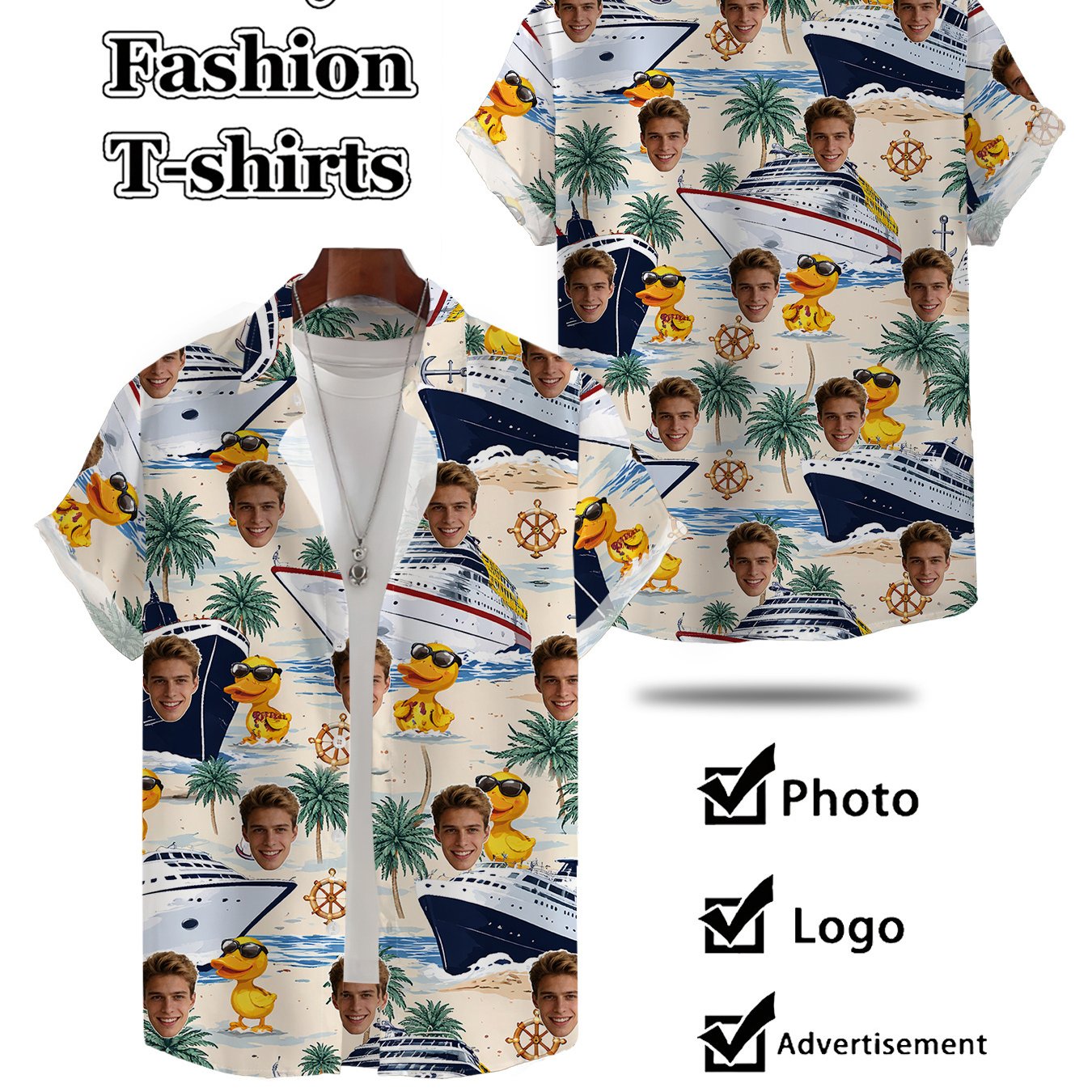 TEMU Men's Custom Photo Print Hawaiian Short Sleeve Shirt, Creative Portrait Palm Tree Cruise Pattern Casual Top