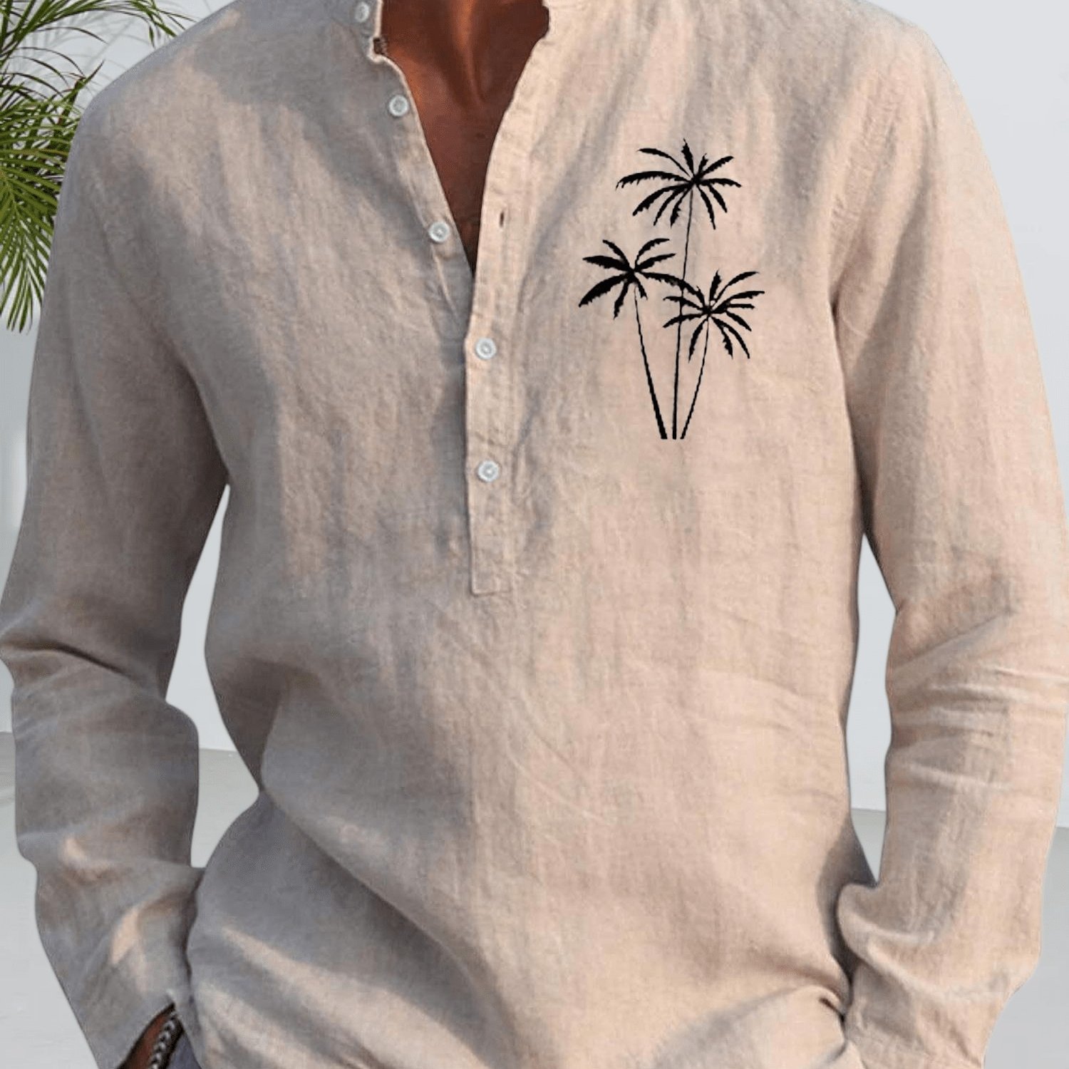 Men's Linen Collar Shirt With Palm Tree Print | Summer Breathable Casual Vacation Versatile Top, Skinny Fit, Stretch Fabric