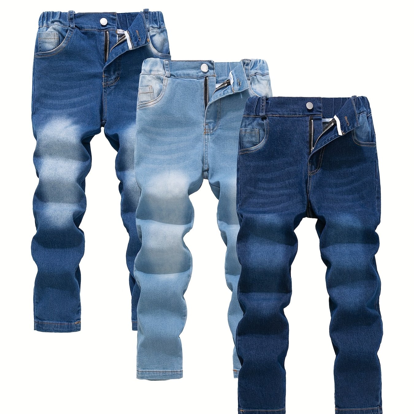 Image of 3pcs Boys' Big-kids' Jeans Set, High-stretch, Zebra Print Spray, Slim-fit, Button And Zipper Fly, Casual