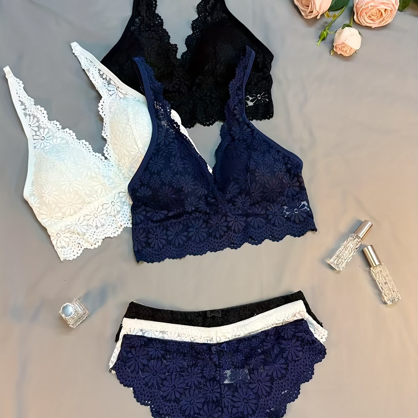 6pcs Sexy Lace Trim Women's Underwear Set, Push- Support Wireless Bra, Backless Busty Small Bust Bra