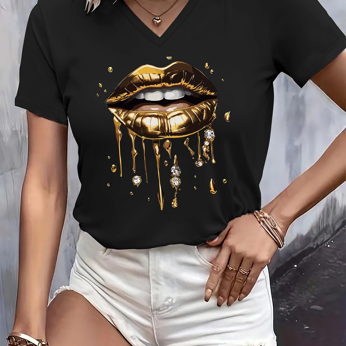 TEMU Graphic Print T-shirt, Short Sleeve V Neck Casual Top For Summer And Spring, Women's Clothing
