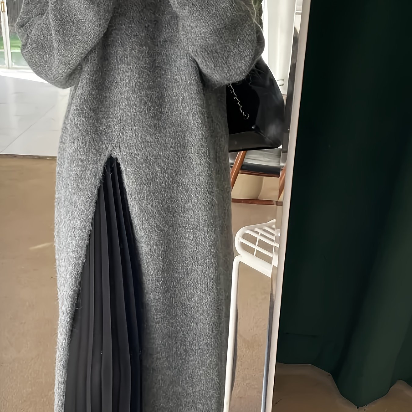 E-shop Plus Size - Plus Size - Herbst und Winter Neues Einfarbiges Rundhals Langarm Kleid mit Seitenschlitz, Vielseitiges Koreanisches Stil Mid-Length