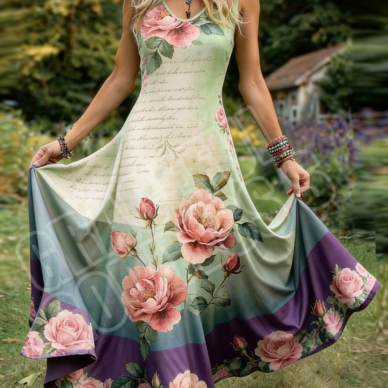Women's Retro Style Sleeveless Dress With Elegant Floral Print Design, Pastoral V-neck A-line Maxi Skirt. Machine Washable, Perfect For Daily Wear And Travel