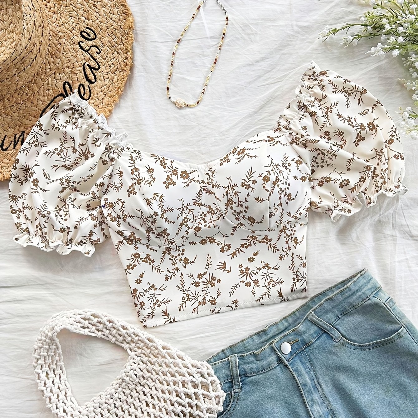 Image of This And Summer Short-sleeve Shirt Features A Sexy Floral Print With A Gathered Design On The Back, Perfect For Vacations, Casual , Dates, And Everyday Wear
