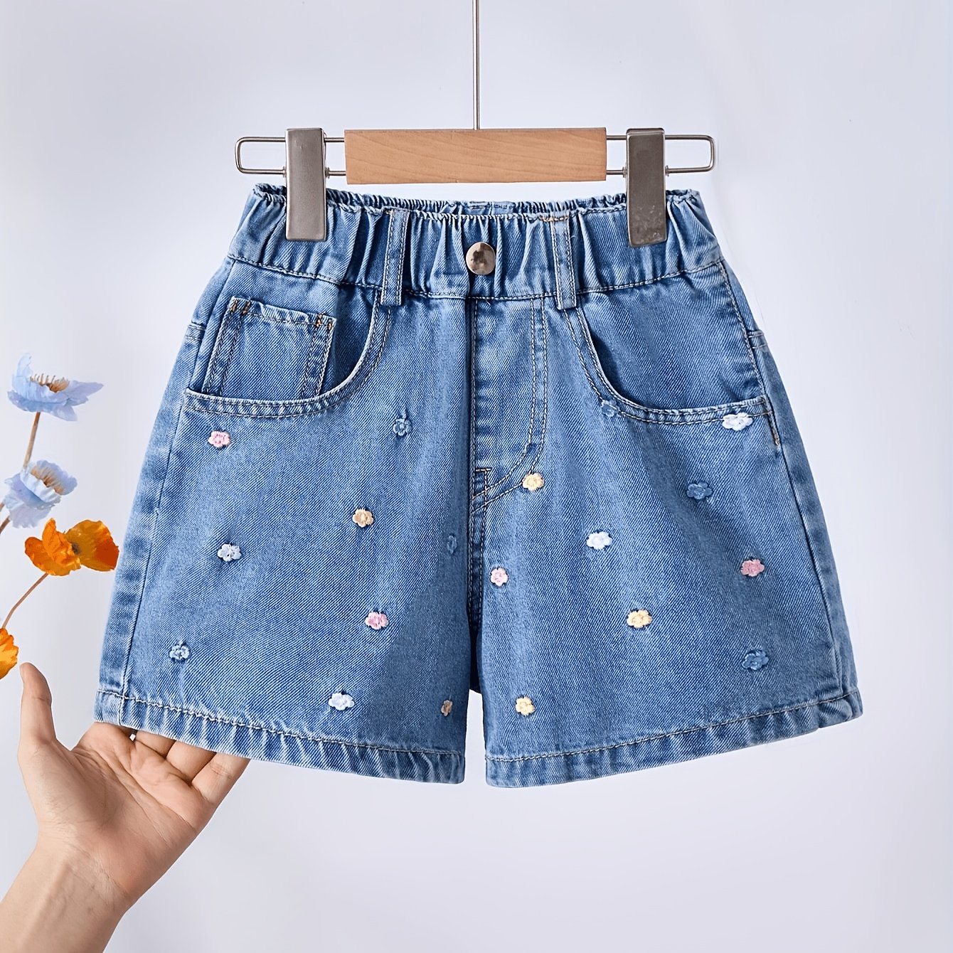 Image of Young Girls' Summer Denim Shorts - Very Cute Embroidered Shorts, Versatile For Indoor And Outdoor, Beach Vacation Travel Essential, Ages 4-12