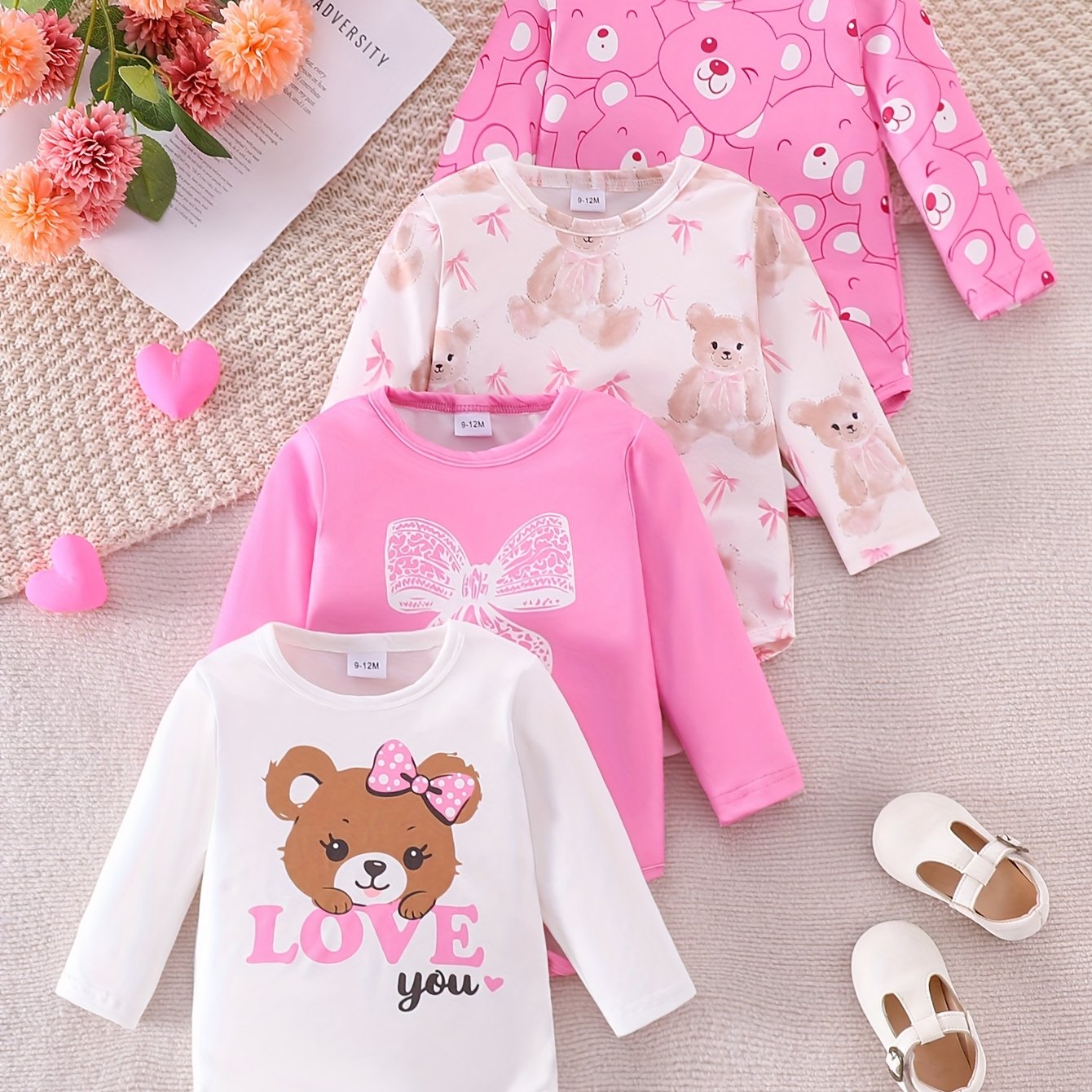 Image of Spring Summer Autumn 4pcs Set Soft Comfortable Cartoon Bear And Bow Print Cute Sleeve Bodysuit Set, For Outdoor