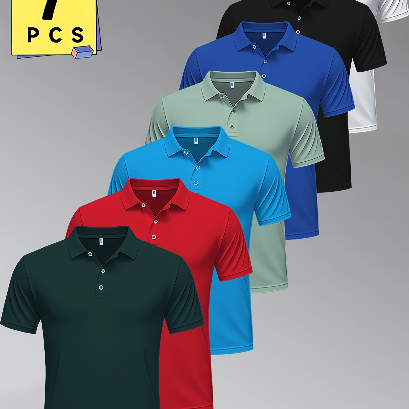 TEMU 7pcs Solid Color Quick-dry Short-sleeve Shirt Set - Casual Button-up Breathable Shirt, Stylish Color Matching Design Pairable With Outfits -