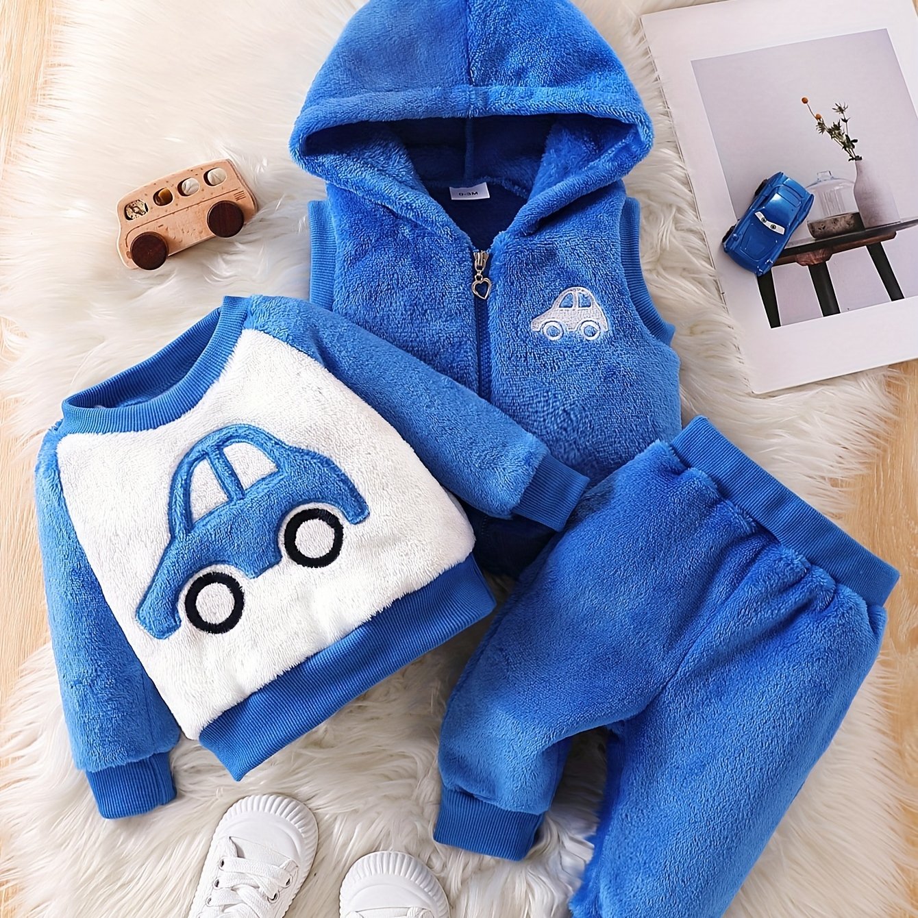 Cute Baby Cartoon Car Embroidery Fleece Warm Long Sleeve Sweatshirt And Fleece Warm Long Pants And Hooded Vest, Warm Autumn Winter Clothing Suitable For Outdoor Home Gift Essential