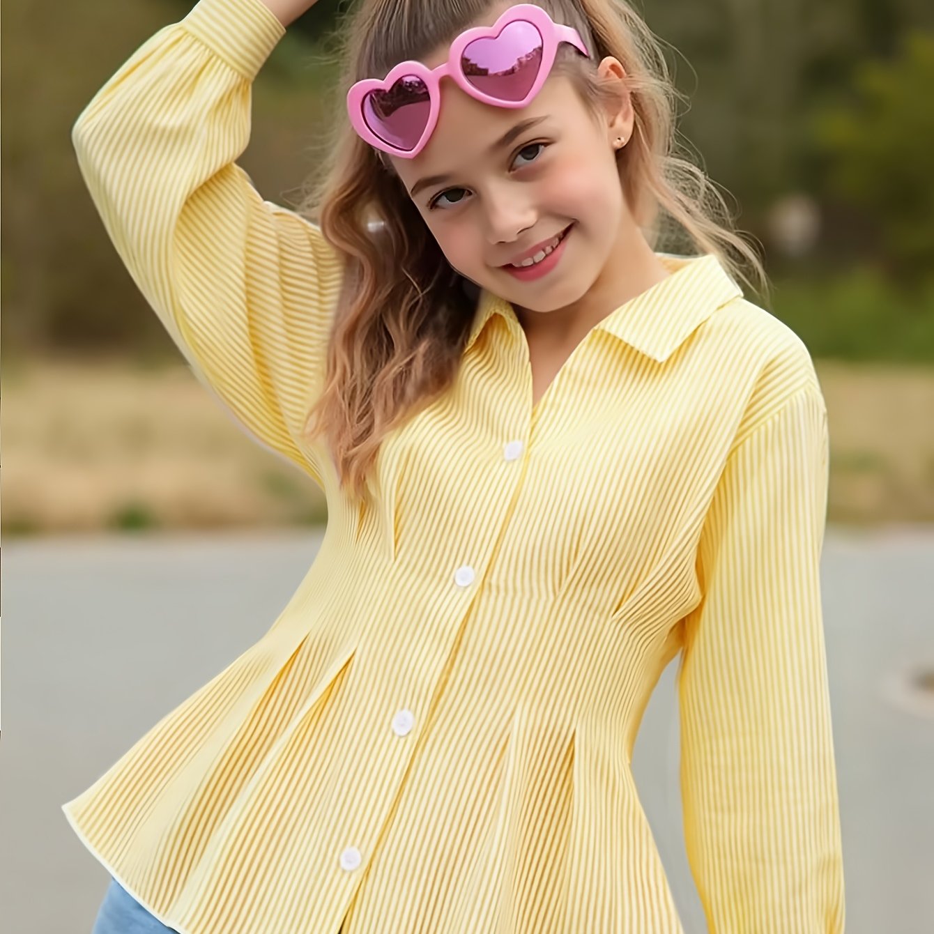 Image of Girls' Fashion Summer Fall Button-up Shirt - Striped Collar Long Sleeve, Cinched Waist Design