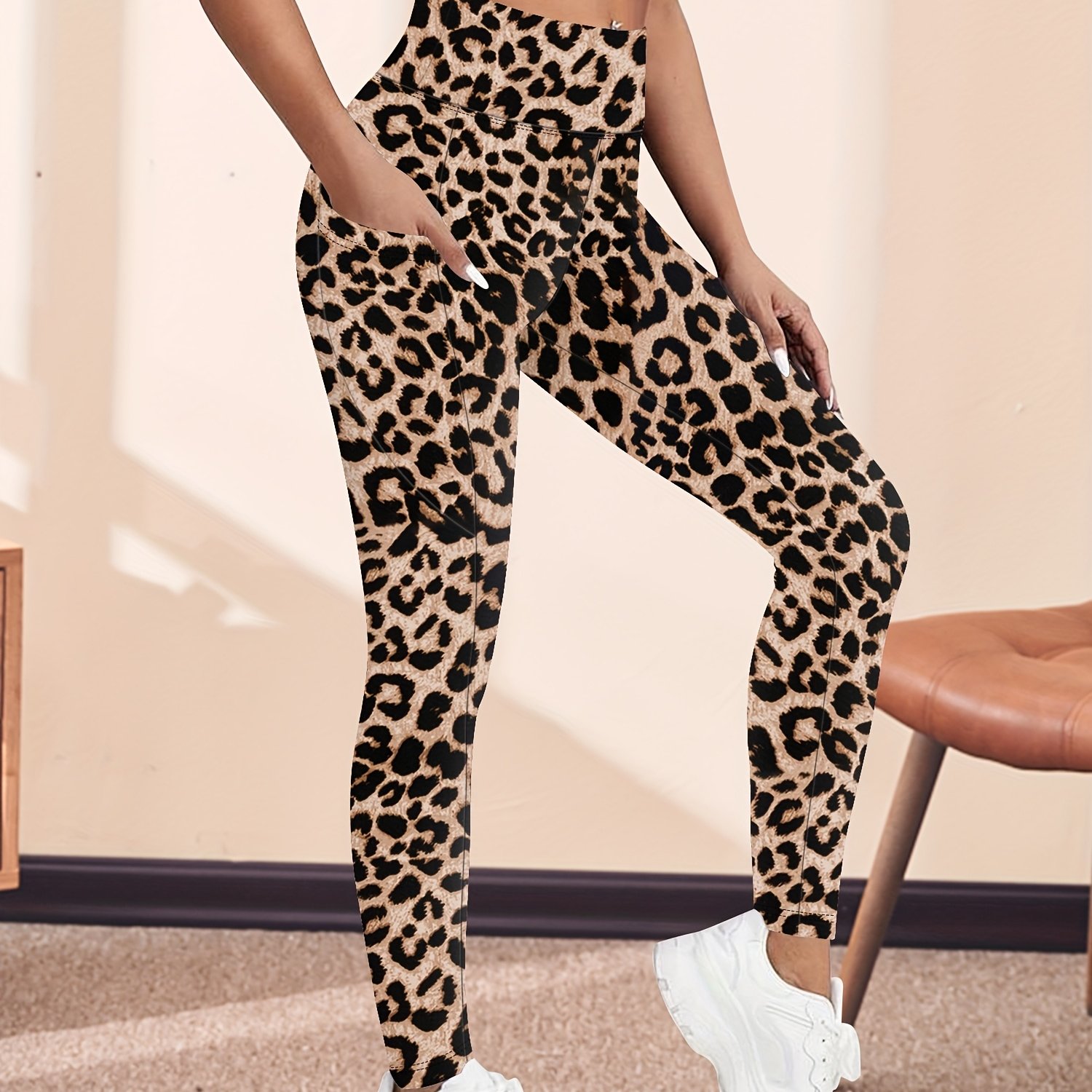 Women's High-waisted Cropped Pants Crescent-shaped Pockets Leggings Tights