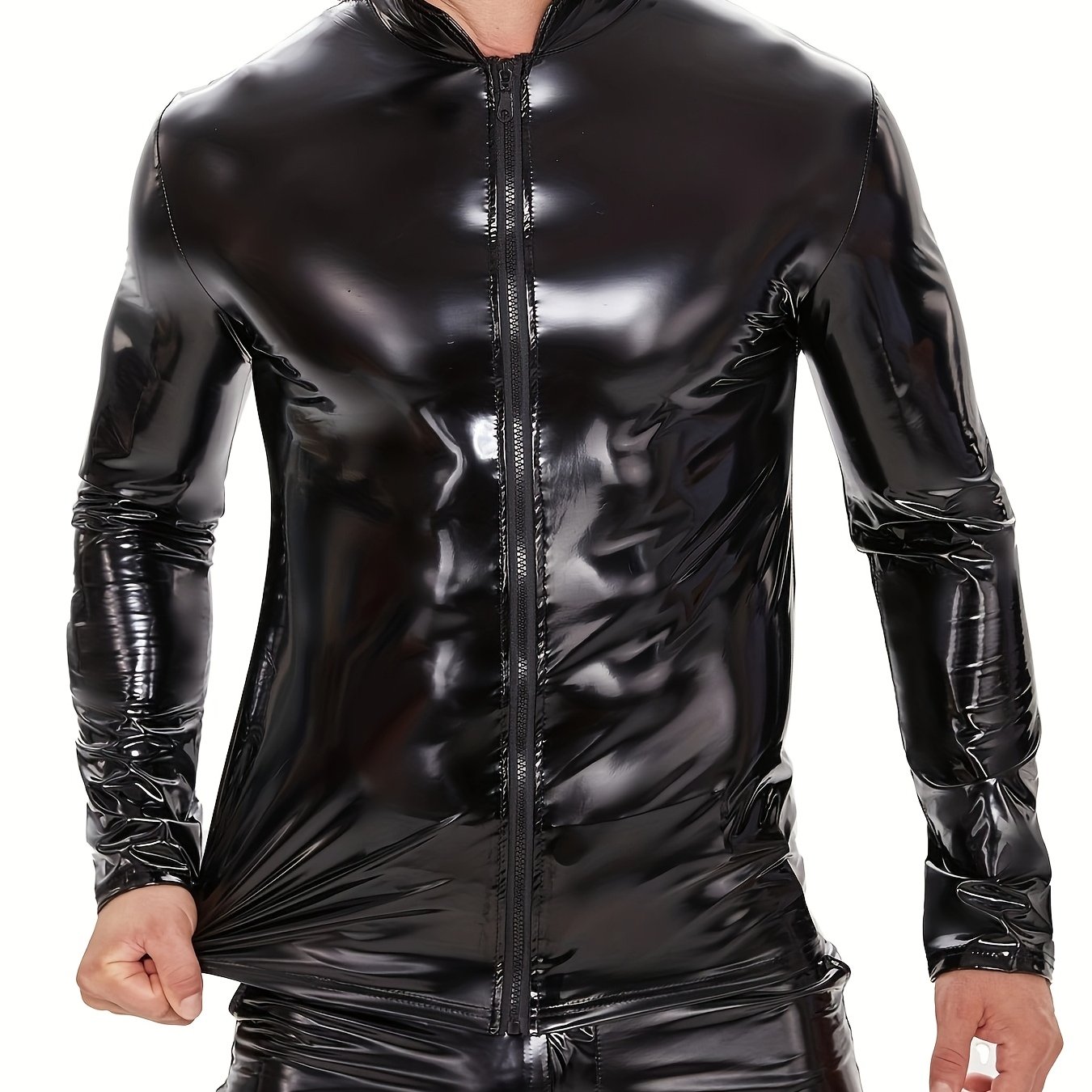 Men's Pu Mirror Leather Long Sleeve Casual Leather Jacket Slim Fit Zipper Stand Collar Leather Shirt Black Plus Size Tight Coat