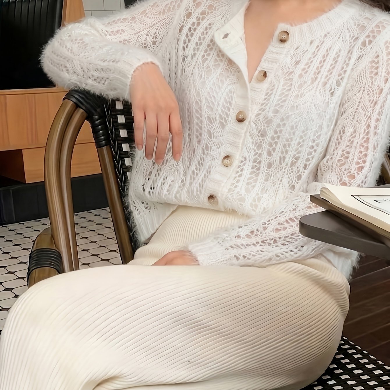 TEMU Women's Cardigan, Single-breasted Openwork Solid Color Loose Soft Semi-sheer Versatile Top
