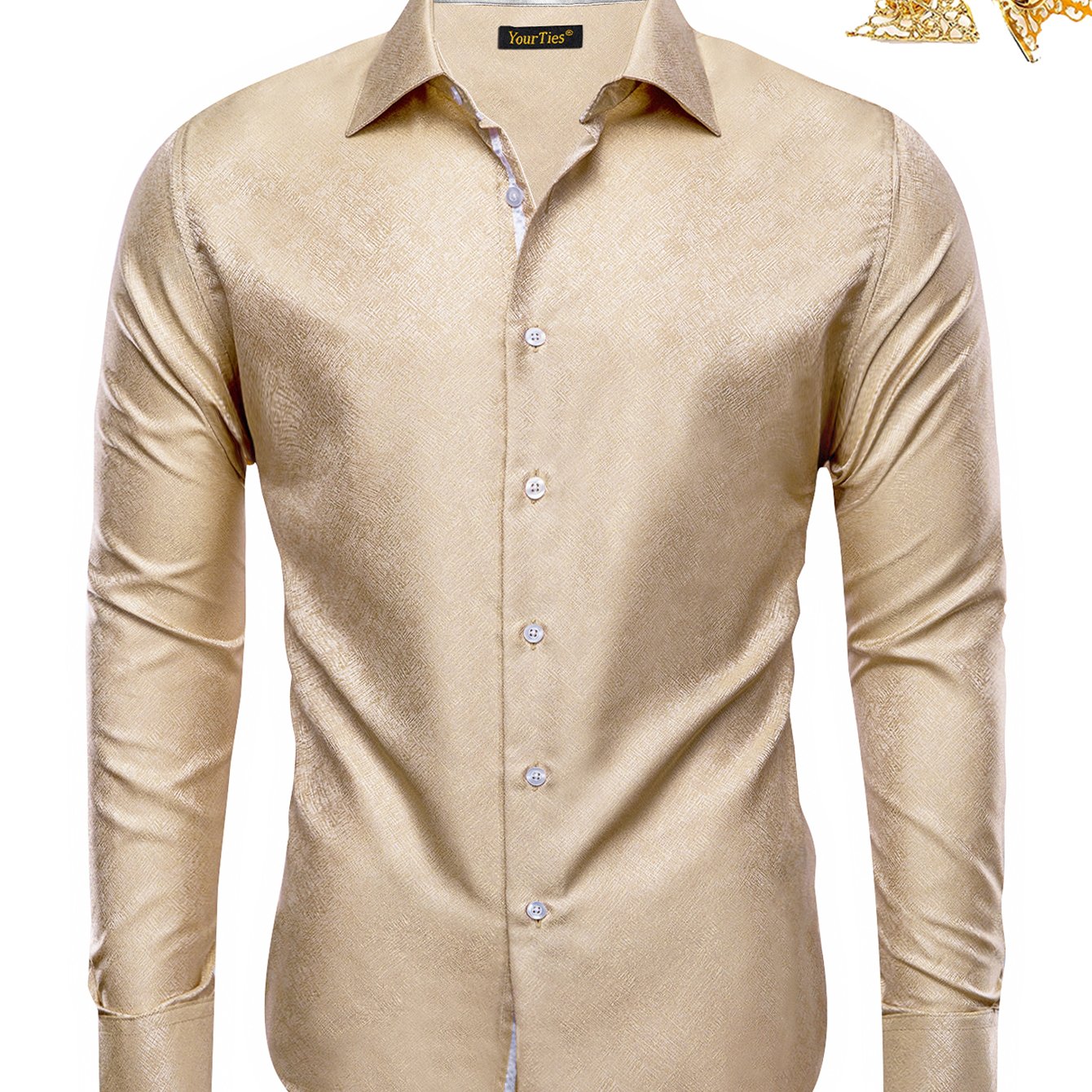 Men's Big Size Golden Pattern Long Sleeve Formal Shirt With Elegant Collar Pins For Reunions, Plus Size