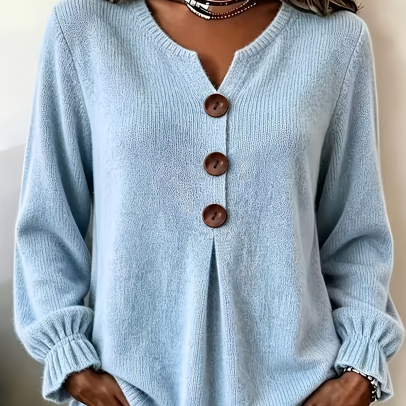 TEMU French Style Small Button Round Neck Sweater Women's Loose Sleeve Soft All-match Pullover Long Sleeve Top