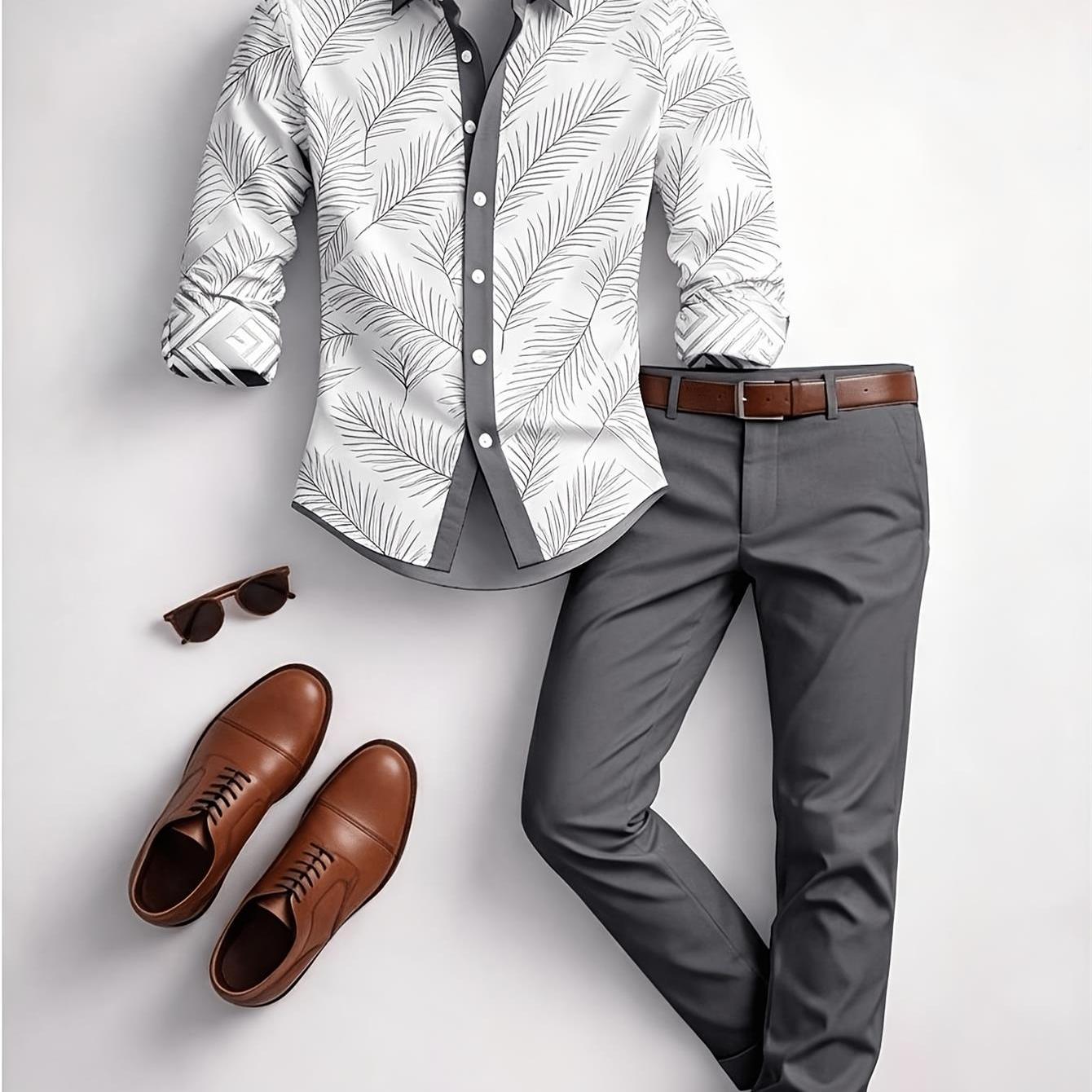 Image of New Mens Long-sleeve Collared Shirt And Long Pants Set, Featuring Geometric Art Design, Suitable For Mens Home, Casual, And Outdoor Settings, Gifts, Trendy And Fashionable Mens Casual Outfit