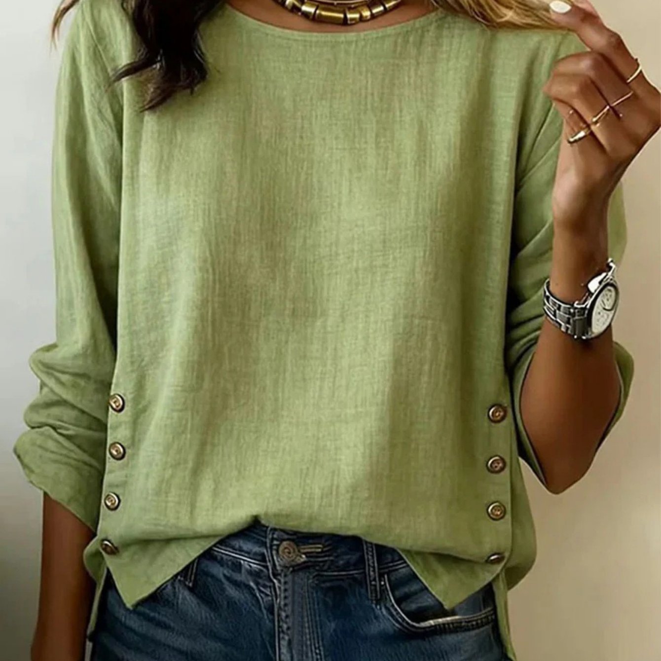 TEMU Nouveau pull vintage en lin pour femme à manches longues et col ras du cou, t-shirt décontracté de coupe ample et de couleur unie pour un usage