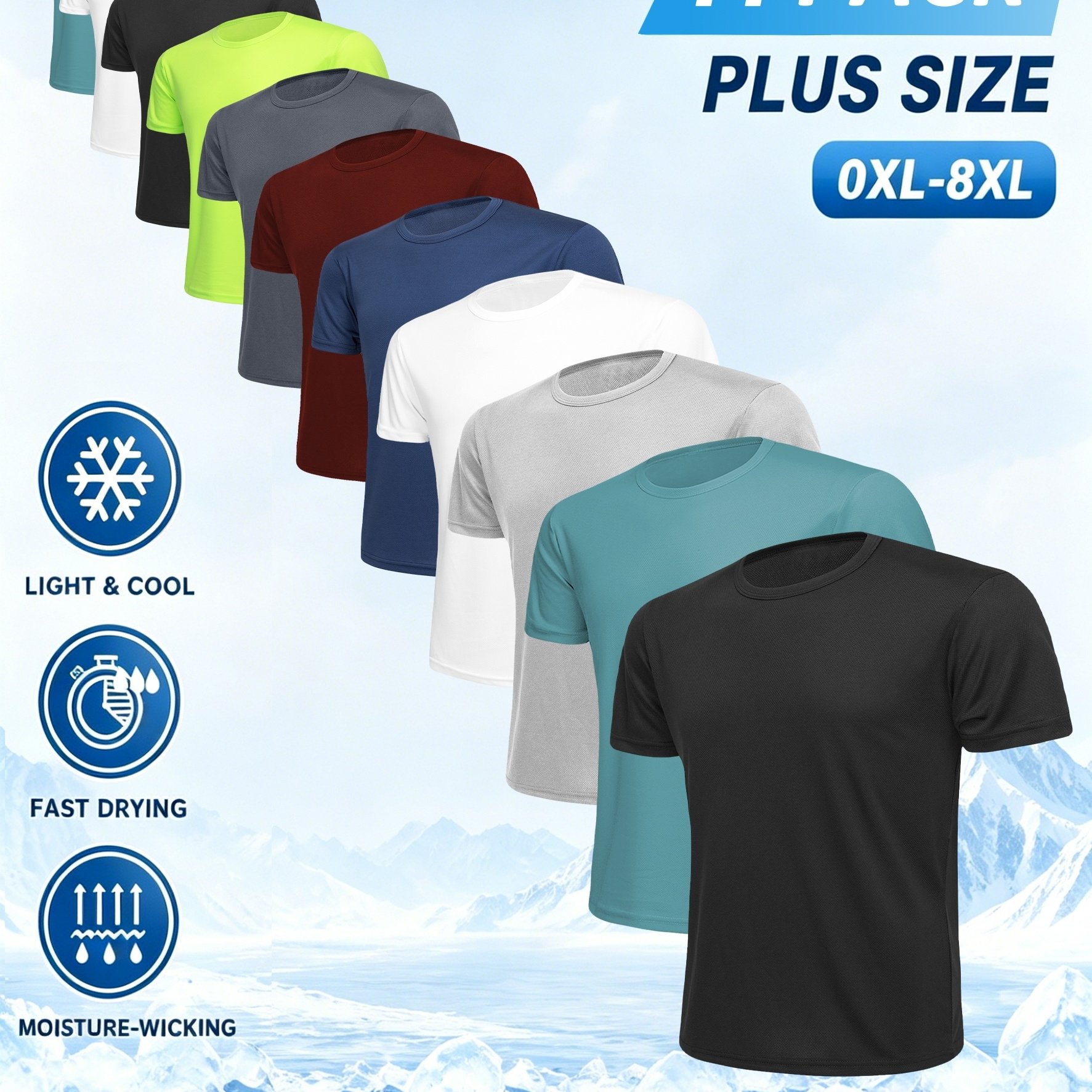 TEMU 11pcs Plus Size Men's Sports T-shirt, Mixed Color, Solid Color, Black, White, Dark Gray, Light Gray, Lake Green, Blue, Red, Fluorescent Green,