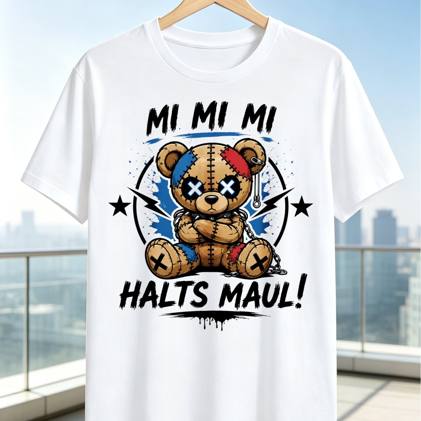 Mi Mi Mi Halter Neck Teddy Bear With Cross Lightning Circle And German Quote Graphic T-shirt Unisex T-shirt