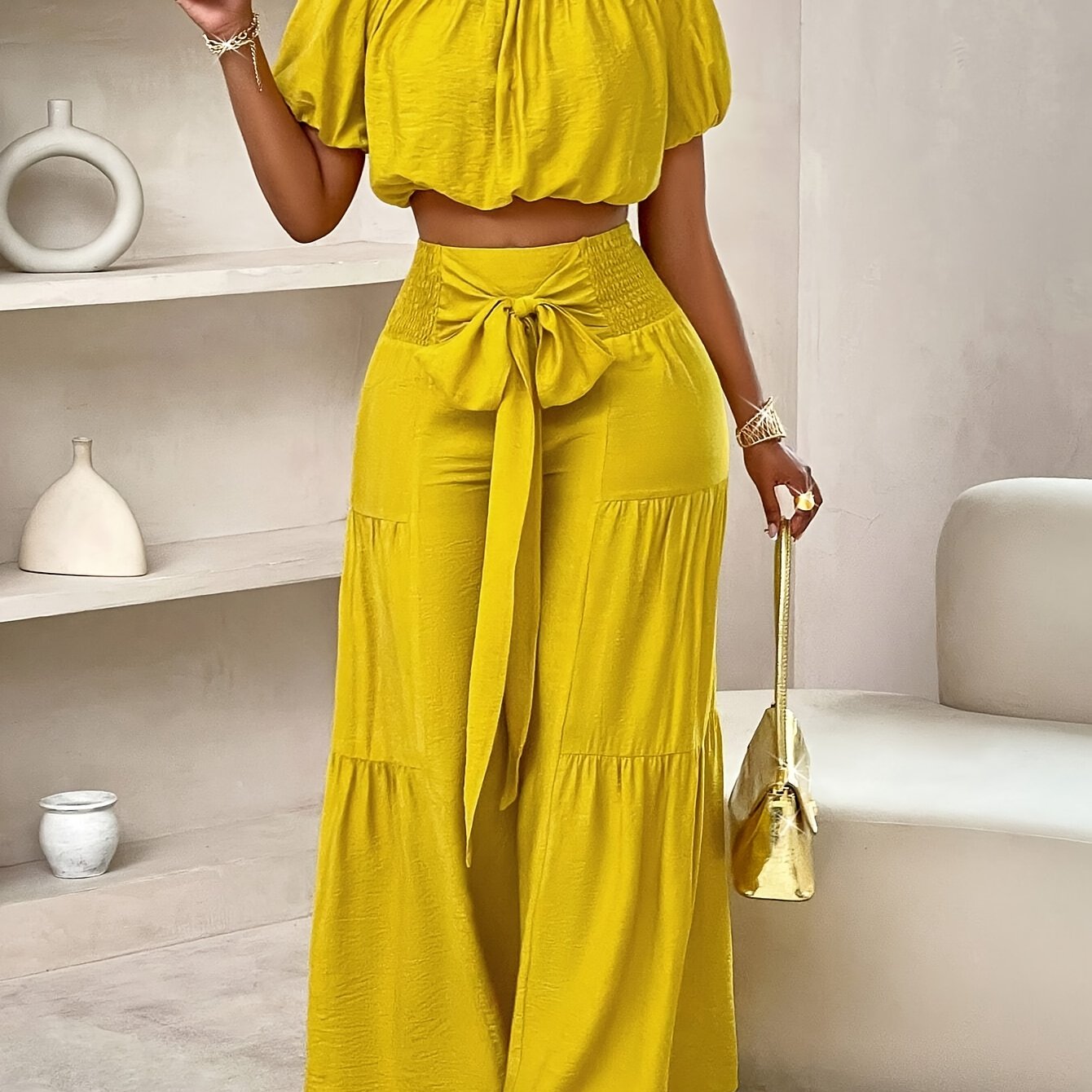 TEMU Solid Two-piece Pants Set, Off Shoulder Puff Sleeve Top & Shirred Waist Wide Leg Pants Outfits For Summer, Women's Clothing