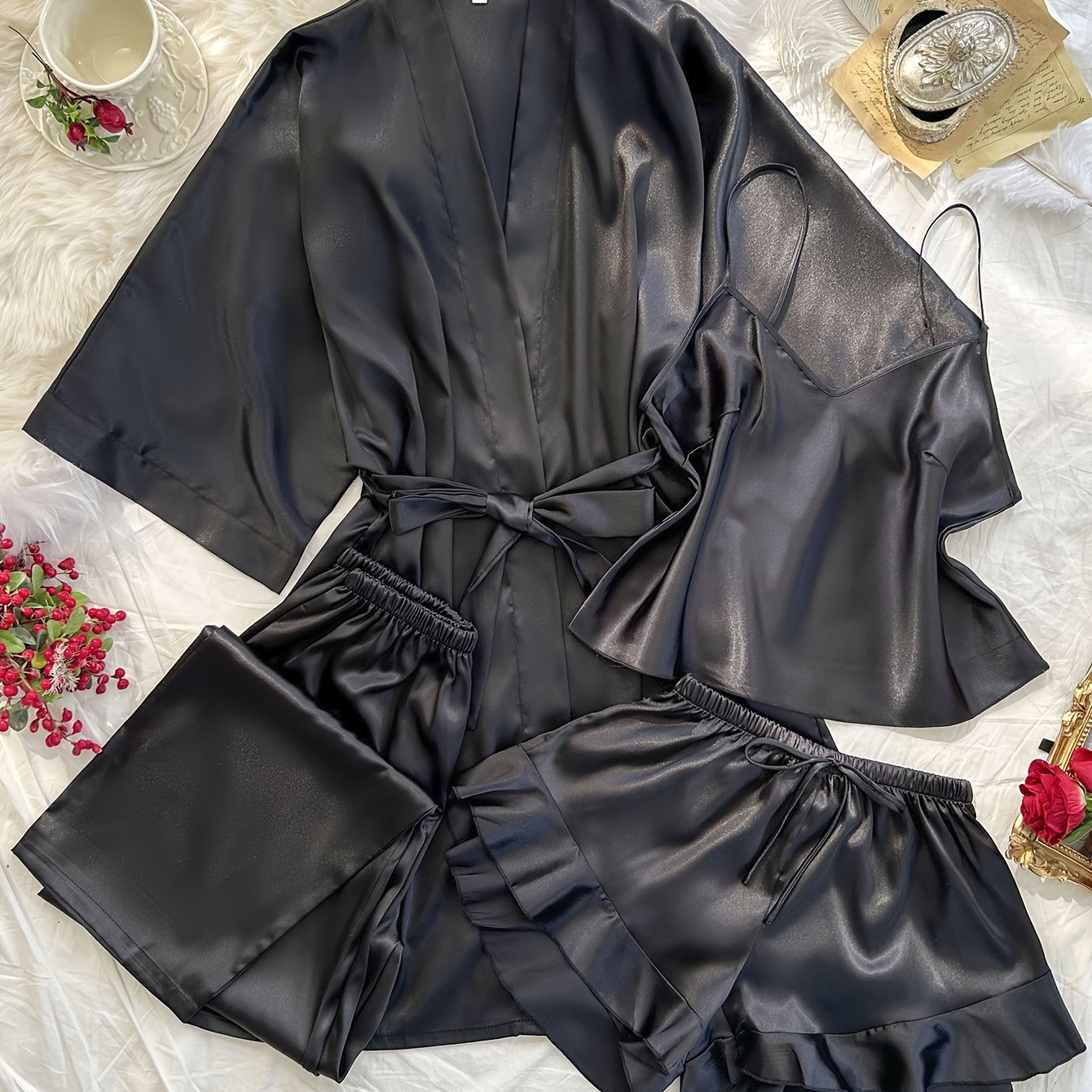 TEMU Women's V-neck Pajama Set - Comfortable, Sexy, Polyester 4pcs Sleepwear With Tie Waist And Drawstring Shorts, Autumn And Winter, Autumn Winter