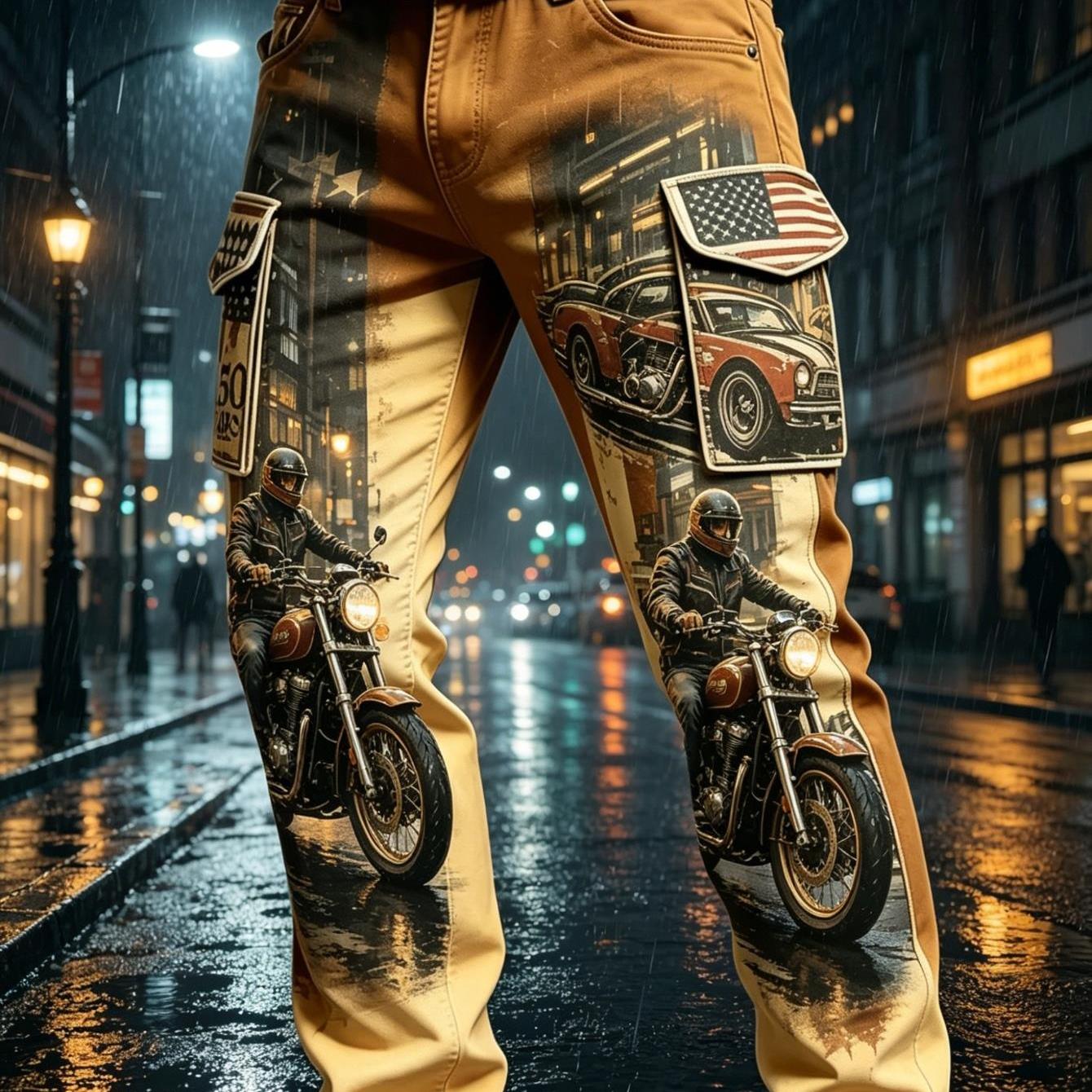 Image of Men's Vintage Style Motorcycle Digital Printed Cargo Pants, Casual Daily Riding Straight Leg Trousers