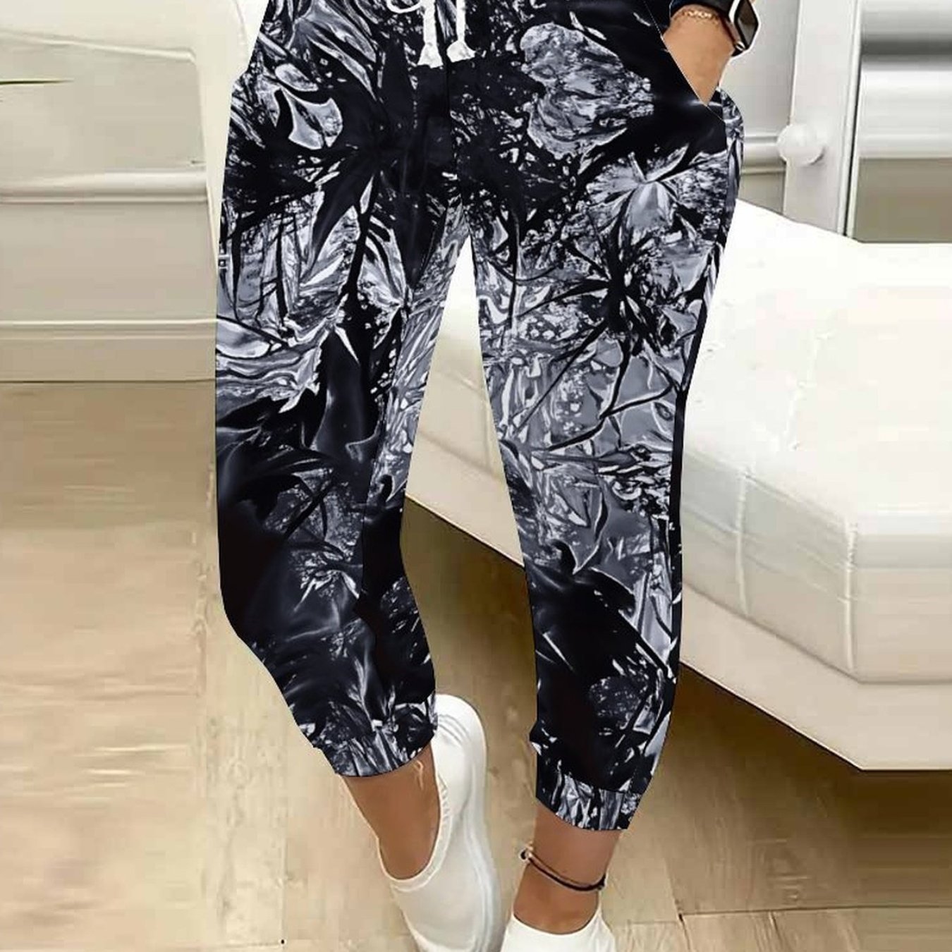 TEMU Classic Women's Casual Drawstring Pants With Ink Print, Suitable For Outdoor Play, And Daily Casual Wear