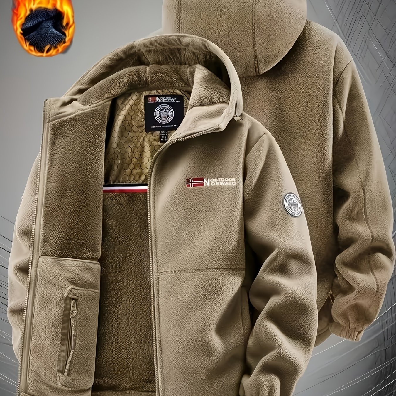 TEMU New Style Men's Fleece Lined Hooded Thick Jacket - Long Sleeve Warm Coat, Full Zip Outdoor Thermal Outerwear, Loose-fit, Men's Winter Jacket,