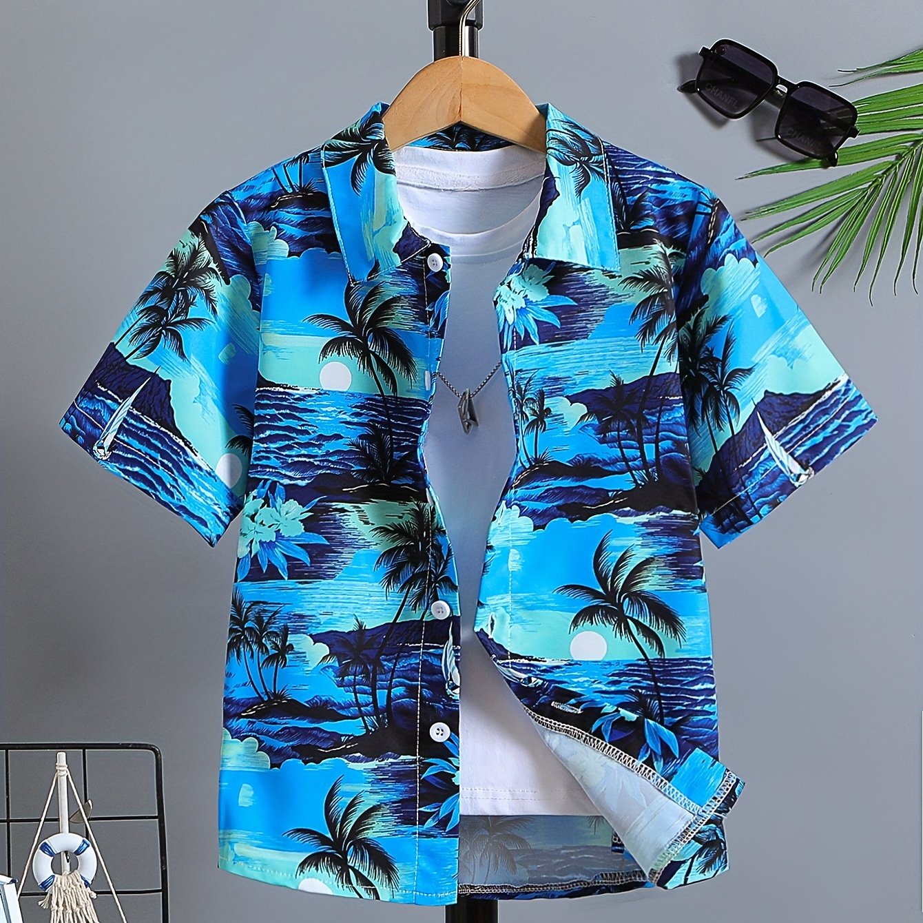 Boy's Coconut Tree Pattern Hawaii Aloha Shirt, Short Sleeve Casual Comfy Button Up Loose Breathable Summer Holiday Shirt