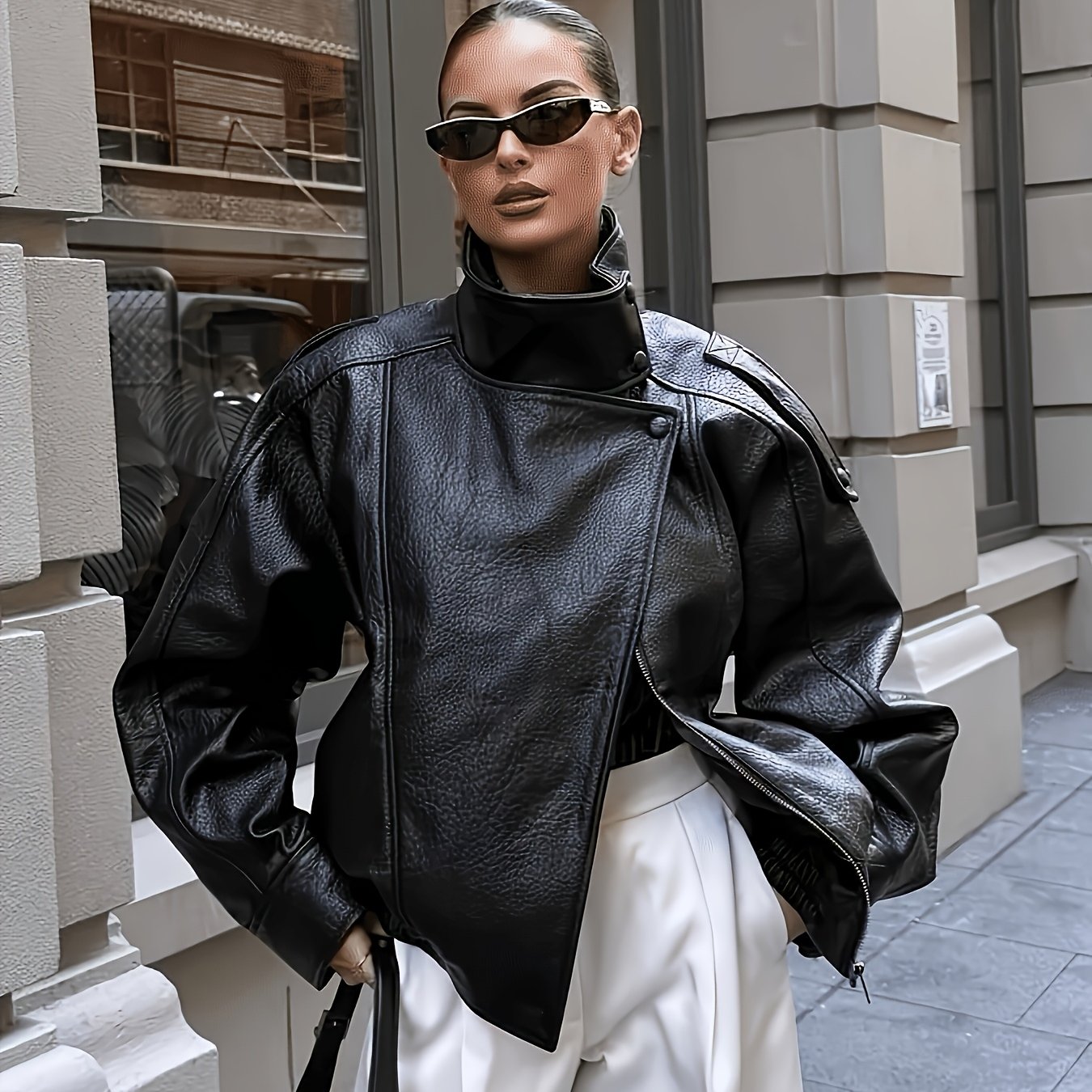 TEMU Jacket, Autumn Versatile Loose Casual Lapel Short Coat Women's Zipper Pocket Stand Collar Short Solid Color Pu Women's Jacket, Elegant Fashion