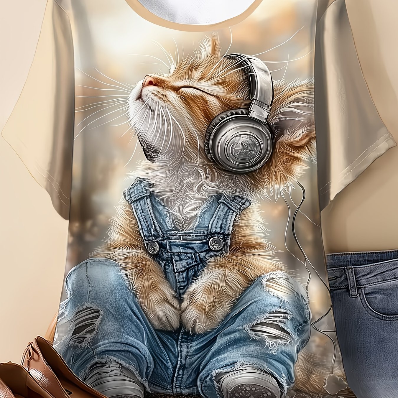 TEMU Women's Plus-size Oversized T-shirt With Denim Cat & Headphones Print - Soft Breathable Sweat-wicking Fabric, Loose Fit Round Neck Short Sleeve