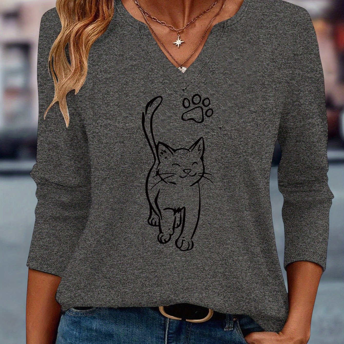 TEMU Cute Cat Pattern Printed Top For Women, Suitable For Casual Wear And Autumn, Featuring A Fashionable V-neck And Three-quarter Sleeves