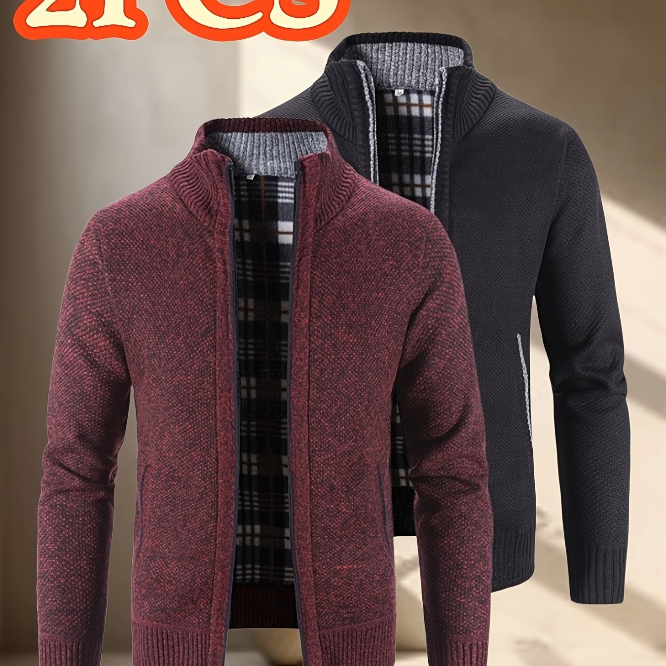 TEMU [2pcs Set] Small Lapel Knit Cardigan - Autumn Winter Warm "double Portion" For Men's Fleece Lined Stand Collar Knit Cardigan 2pcs Set Business