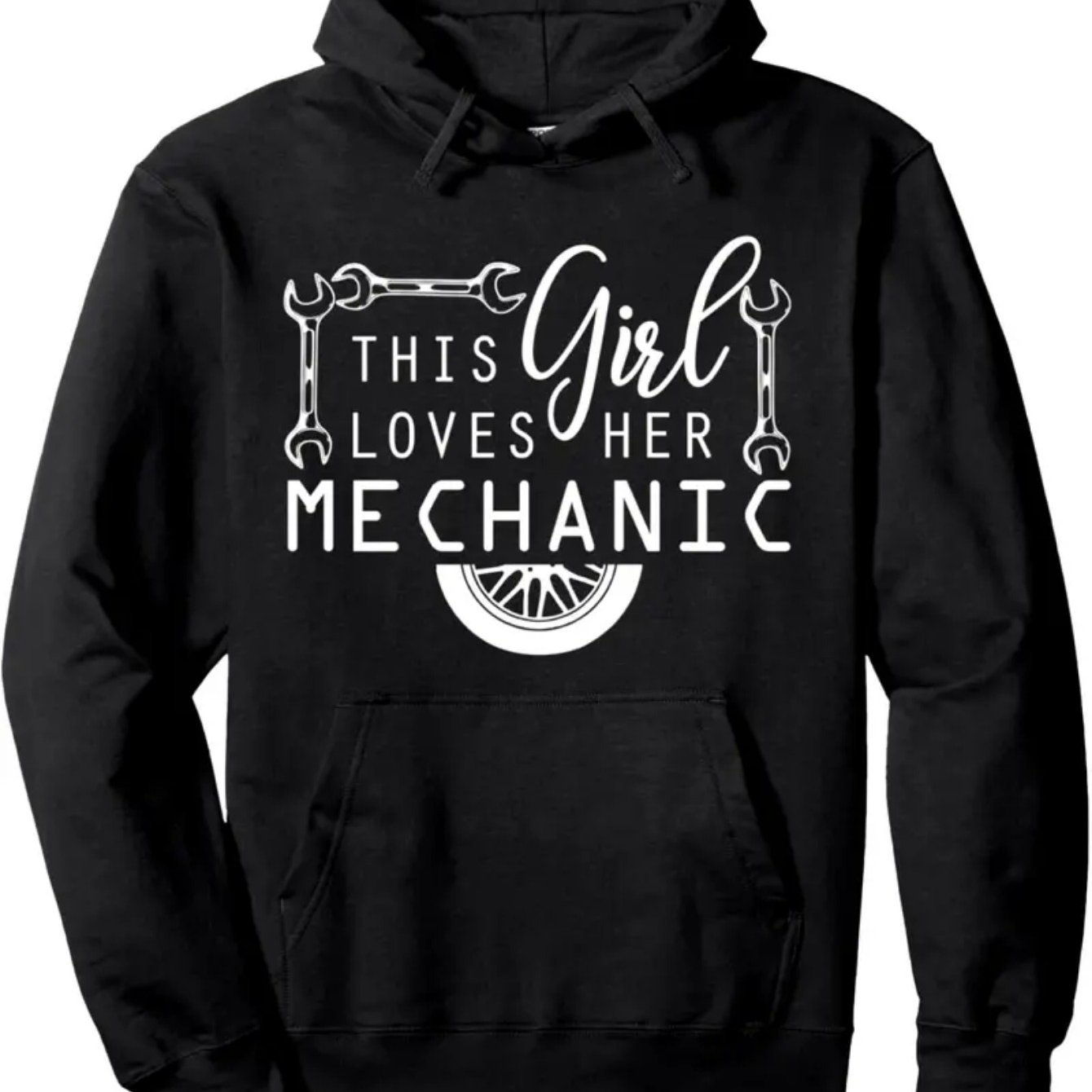 TEMU This Girl Her Mechanic" Humorous Black Hoodie - Cozy Cotton , & Breathable, Casual With Front Pocket, & Couples