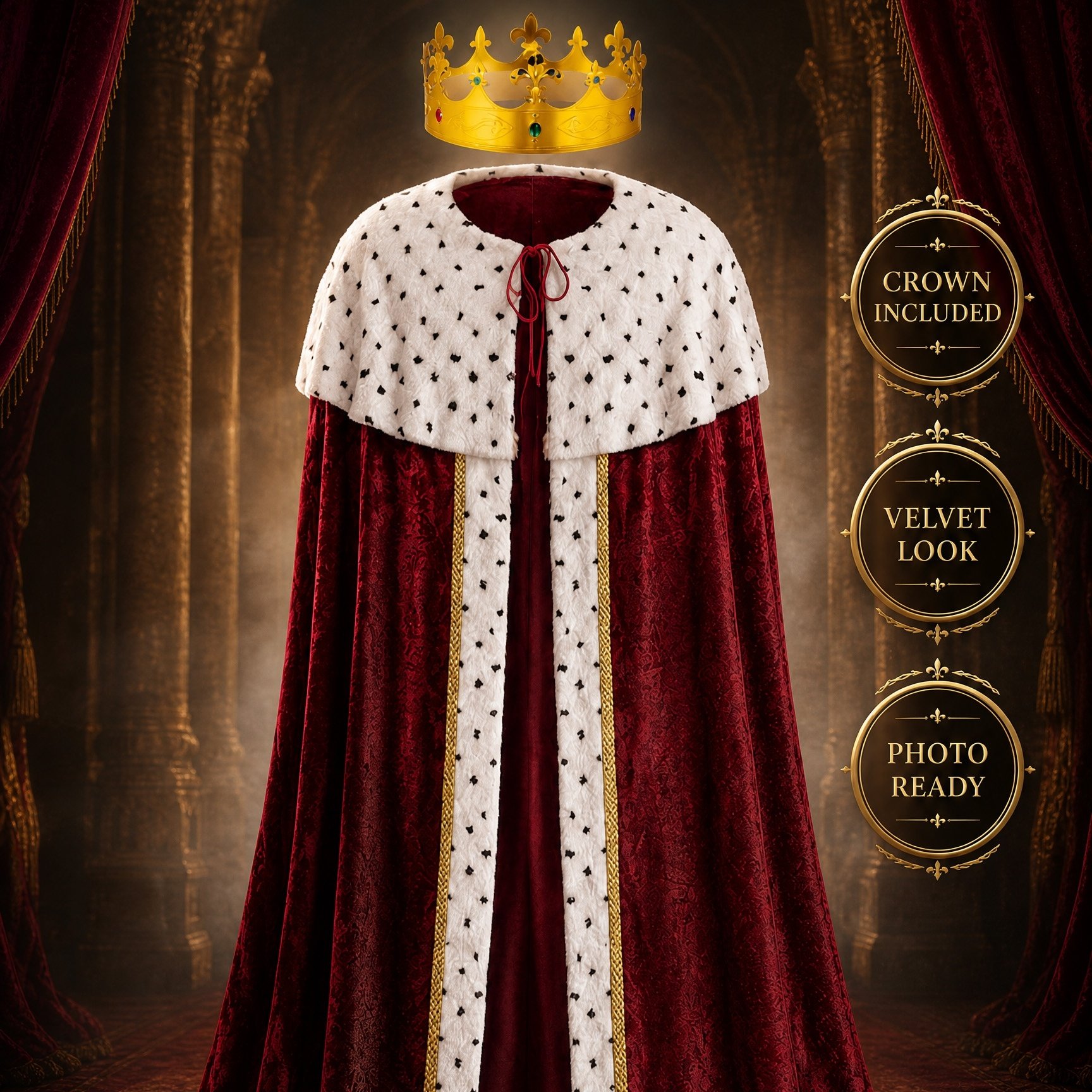 TEMU Men's Royal King Cape And Crown Set, Red Velvet King Robe With Black Spotted Collar, Medieval Renaissance Royal King Costume Outfit For