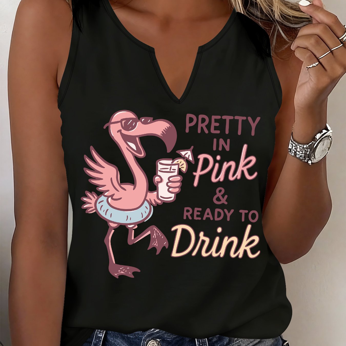 TEMU (052#) Women's Fashion Fresh Camisole, Flamingo Pattern V-neck Sleeveless Top, Fun Text Design Casual All-match