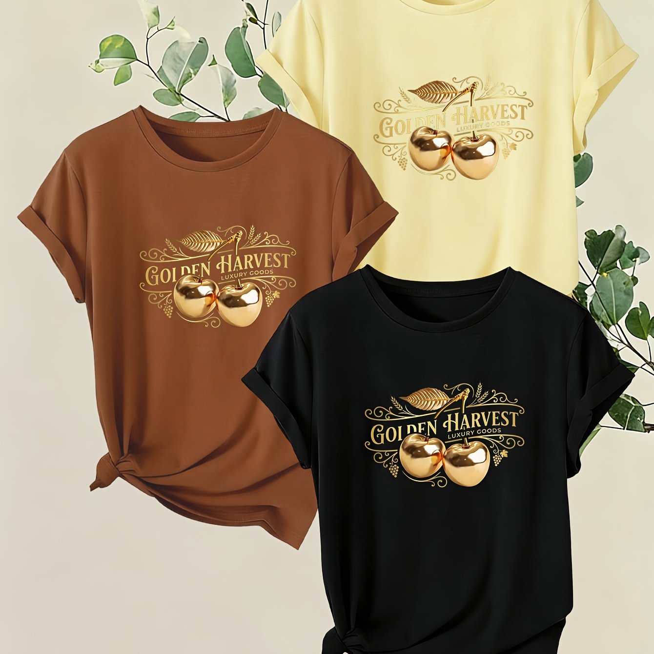 TEMU 3pcs Set, Options, Women's Round Neck Short Sleeve, Golden Print, Spring Summer Casual Fashion T-shirts