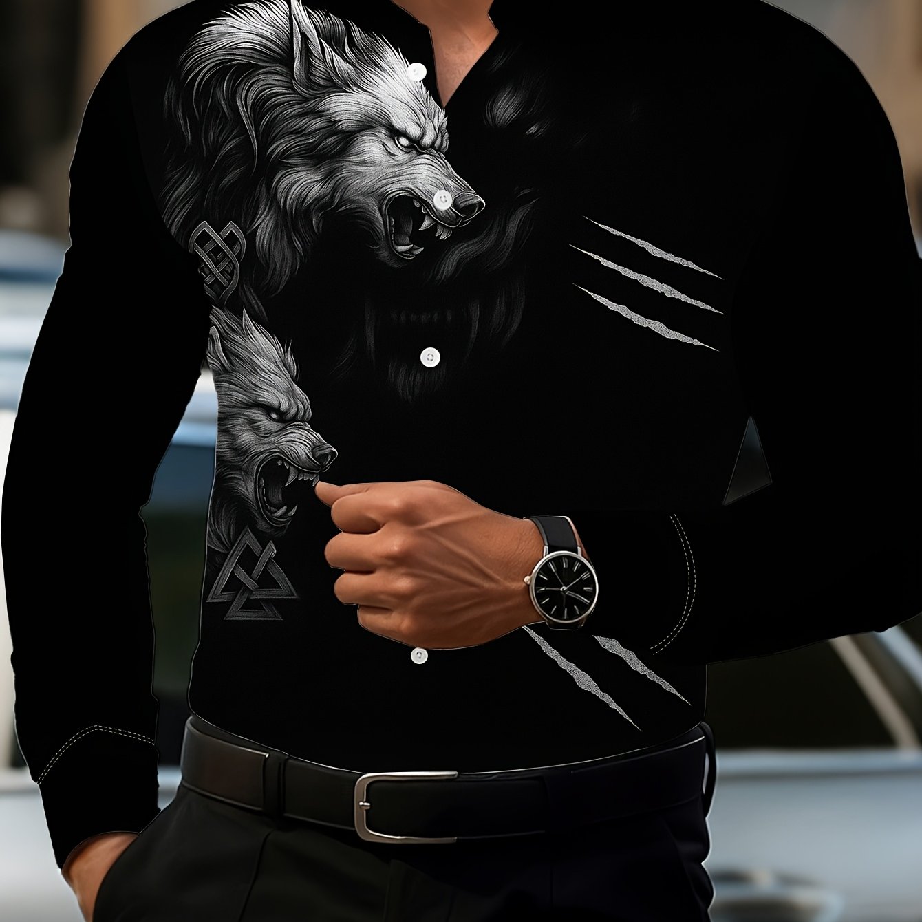 TEMU Men's Casual Print Long Sleeve Shirt, Fashionable Button Regular Fit, Collared Shirt With 3d Trendy Print, Suitable For Outdoor And Travel,