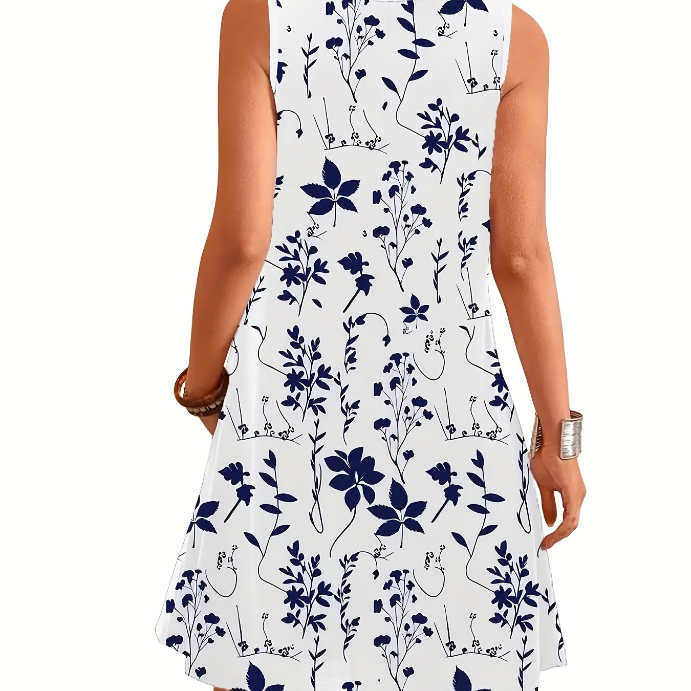 TEMU [printed Design - Not Textured] - - Women's Casual Printed Dress, Suitable For The Beach, Office, And Daily Wear, Opaque, With A Round Neckline,