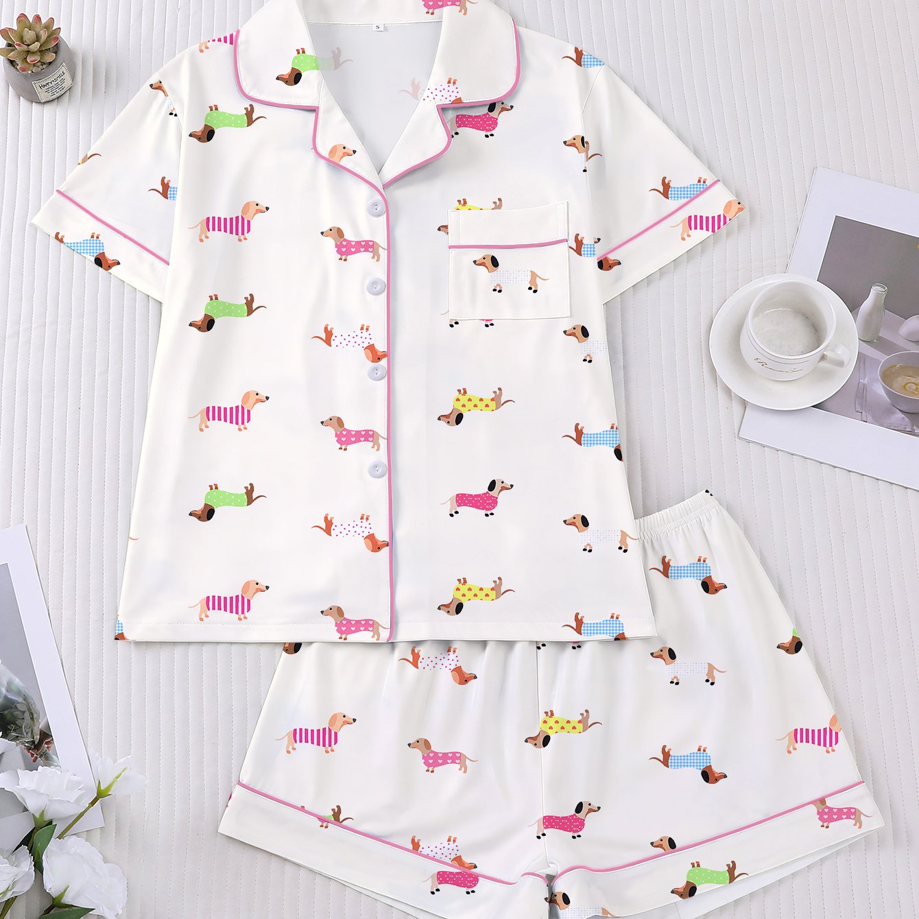 TEMU Conjunto de pijama de 2 piezas para mujer de /verano, con lindo estampado de de , regalo romántico para de San Valentín, cárdigan tipo chaqueta