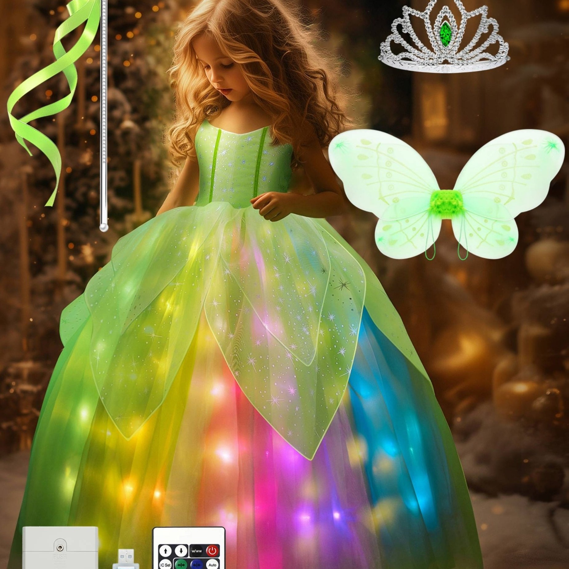 TEMU Princess Dress Fairy Costume For Girls, Light Up Girls Halloween Costume Fairy Dress & Wings Green Fairy Girls Costume Princess Ball Gown