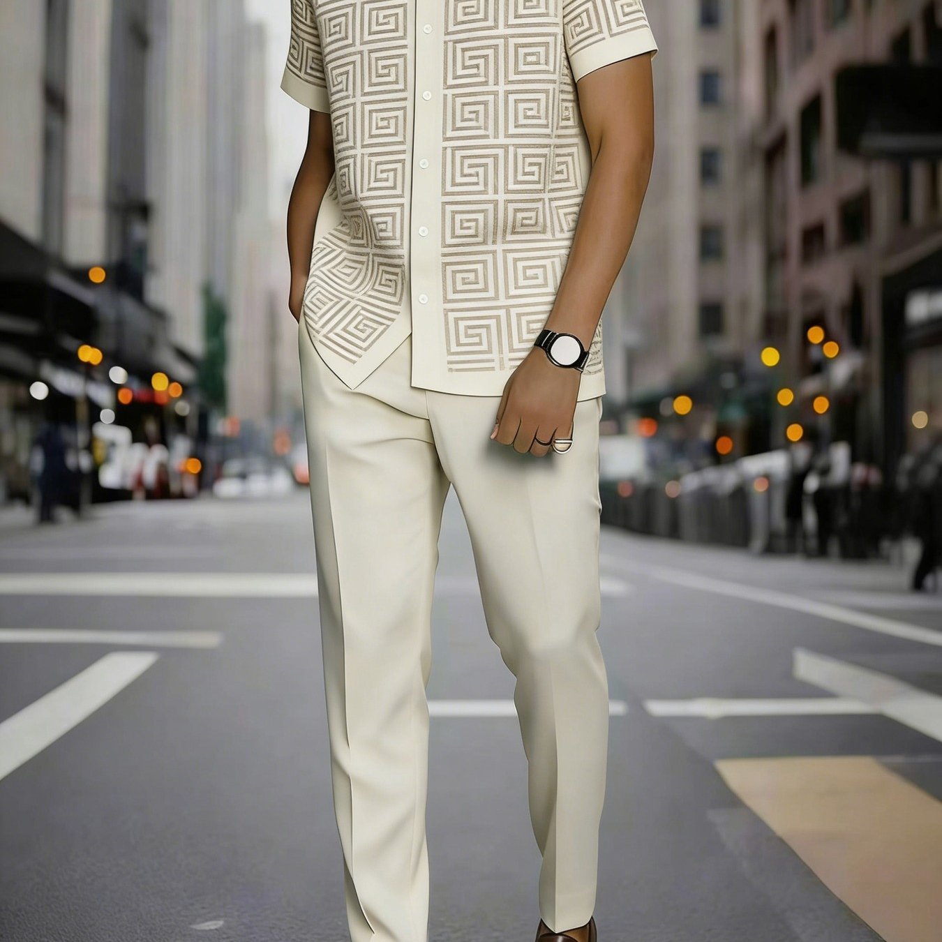 Image of 2pcs Set, Men's Spring/-up Collar Short-sleeve And Long-pants Suit With Geometric Art Design, Lightweight, Breathable, Comfortable, Suitable Daily Commuting, Social Gatherings, And Holiday Parties