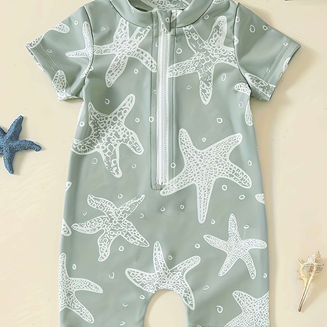 Image of Boys' Swimsuit Summer Style Comfortable Soft Starfish Print Full Print Short Sleeve Zipper Jumpsuit Short Shorts, Beach Vacation, Athletic Outing, , Beach Party