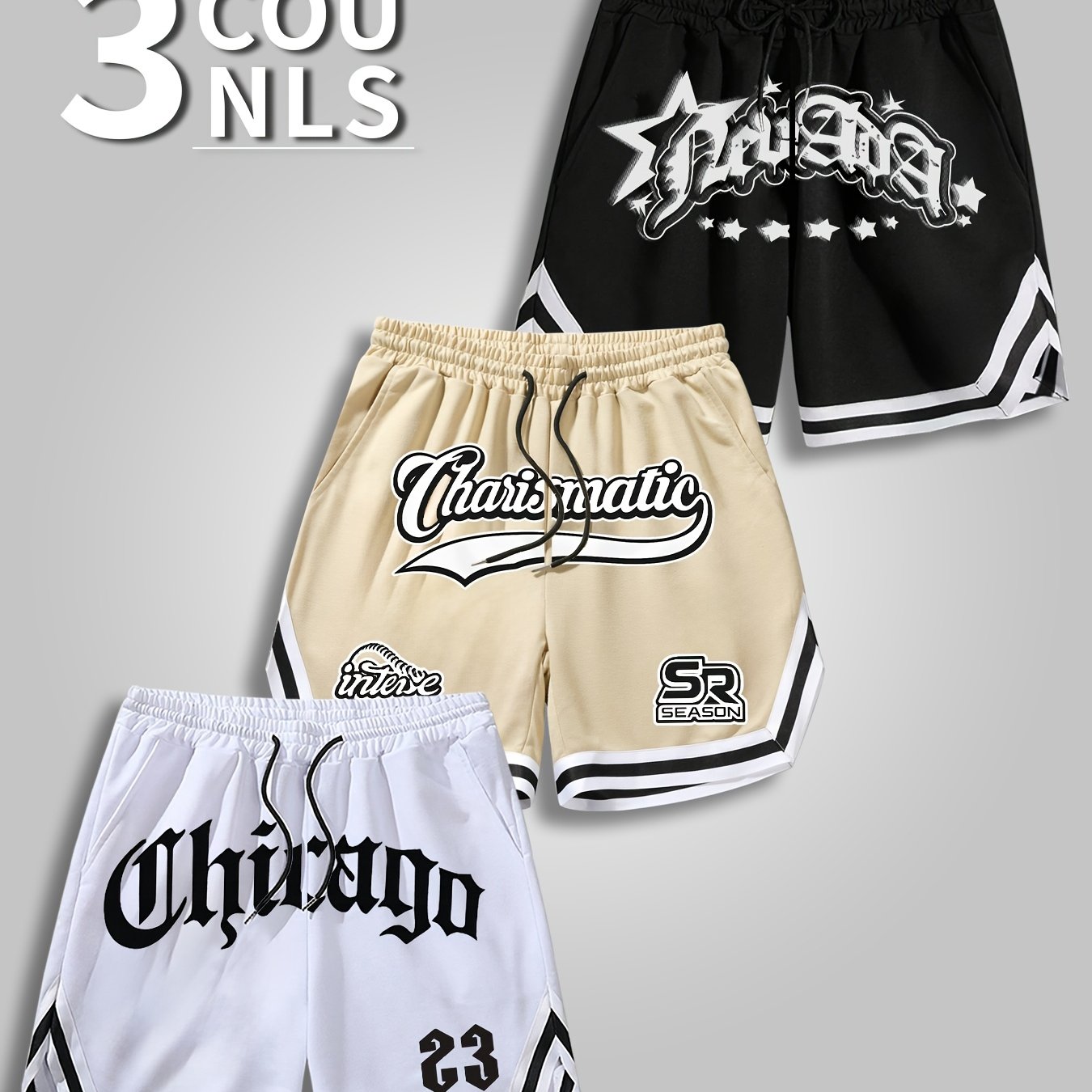 TEMU 3pcs Men's Casual Sports Shorts With Cross Print And Lettering, Featuring Drawstring Waist And Pockets, Summer Street Fashion Shorts Made Of