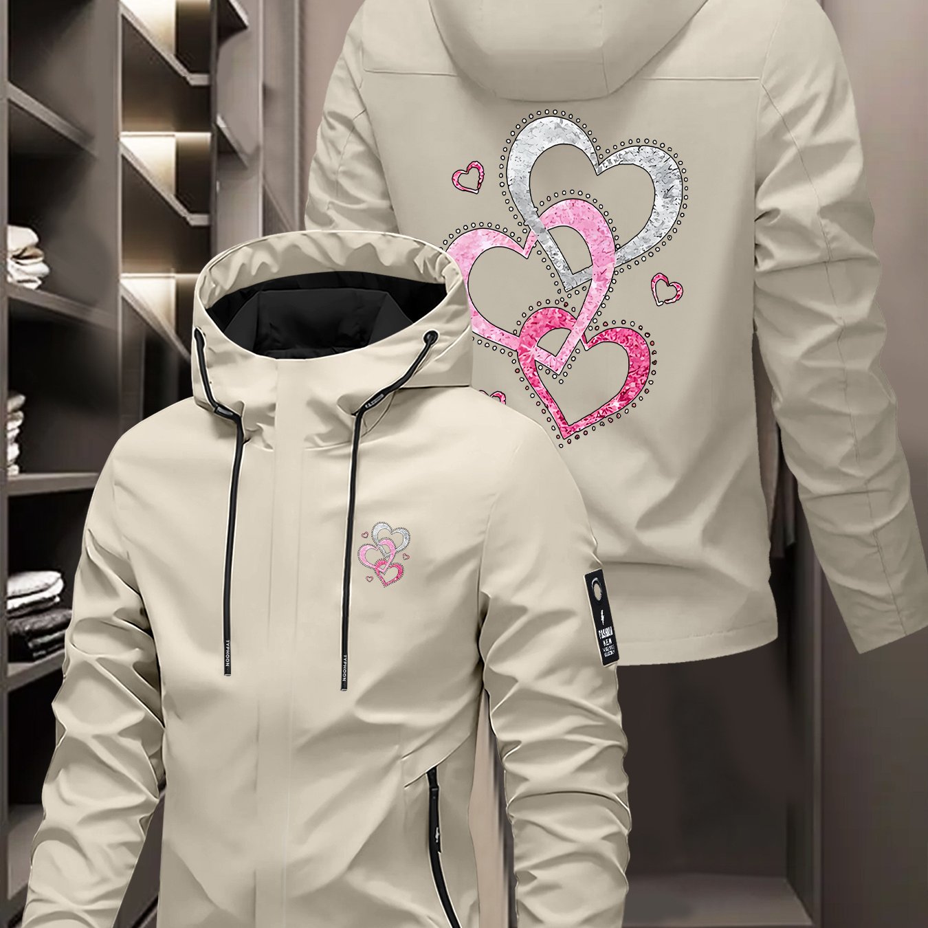 TEMU 's Heart Print Softshell Jacket, Windproof Outdoor Hiking Gear, Outerwear For Men And Women