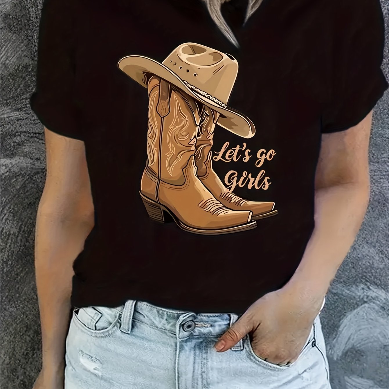 TEMU A Casual Short-sleeve Round-neck T-shirt Suitable For Women To Wear And Summer, Featuring A Design Of Cowboy Boots And A Hat